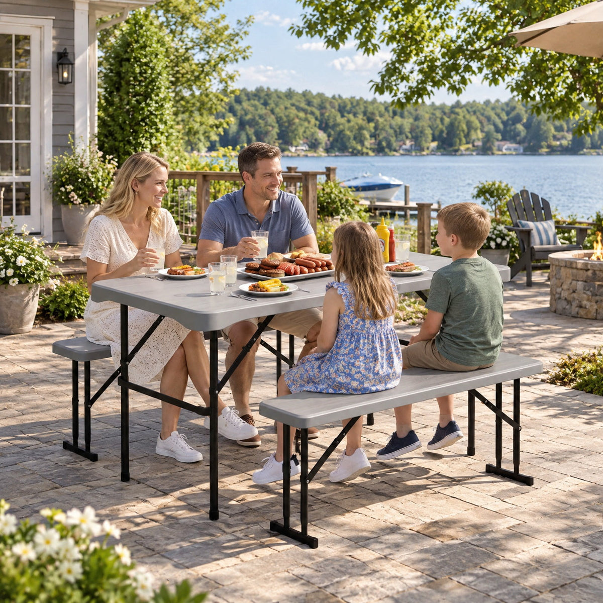 Airfind 44 Inch HDPE Folding Picnic Table Set with 2 Benches, 110 lbs Capacity, HDPE Metal Frame, 44 Inch x 24 Inch x28 Inch Footprint, Grey