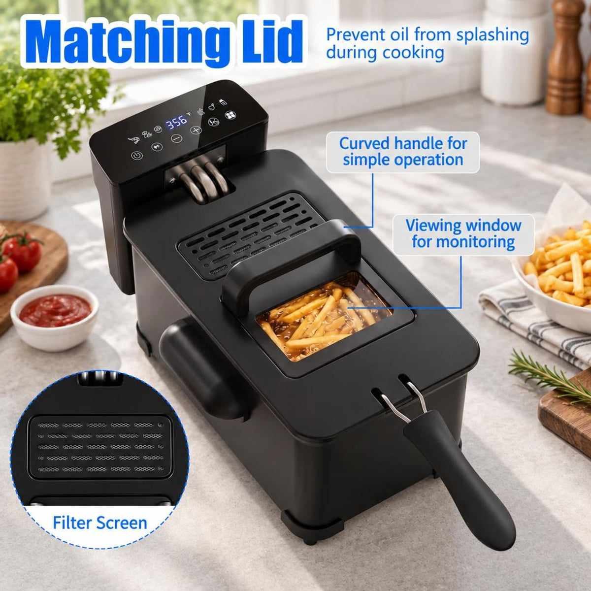 Airfind 3.2-Qt Electric Deep Fryer featuring 1700W LED Touch Screen and Enamel Oil Tank, Stainless Steel PP Enamel Frame, Black