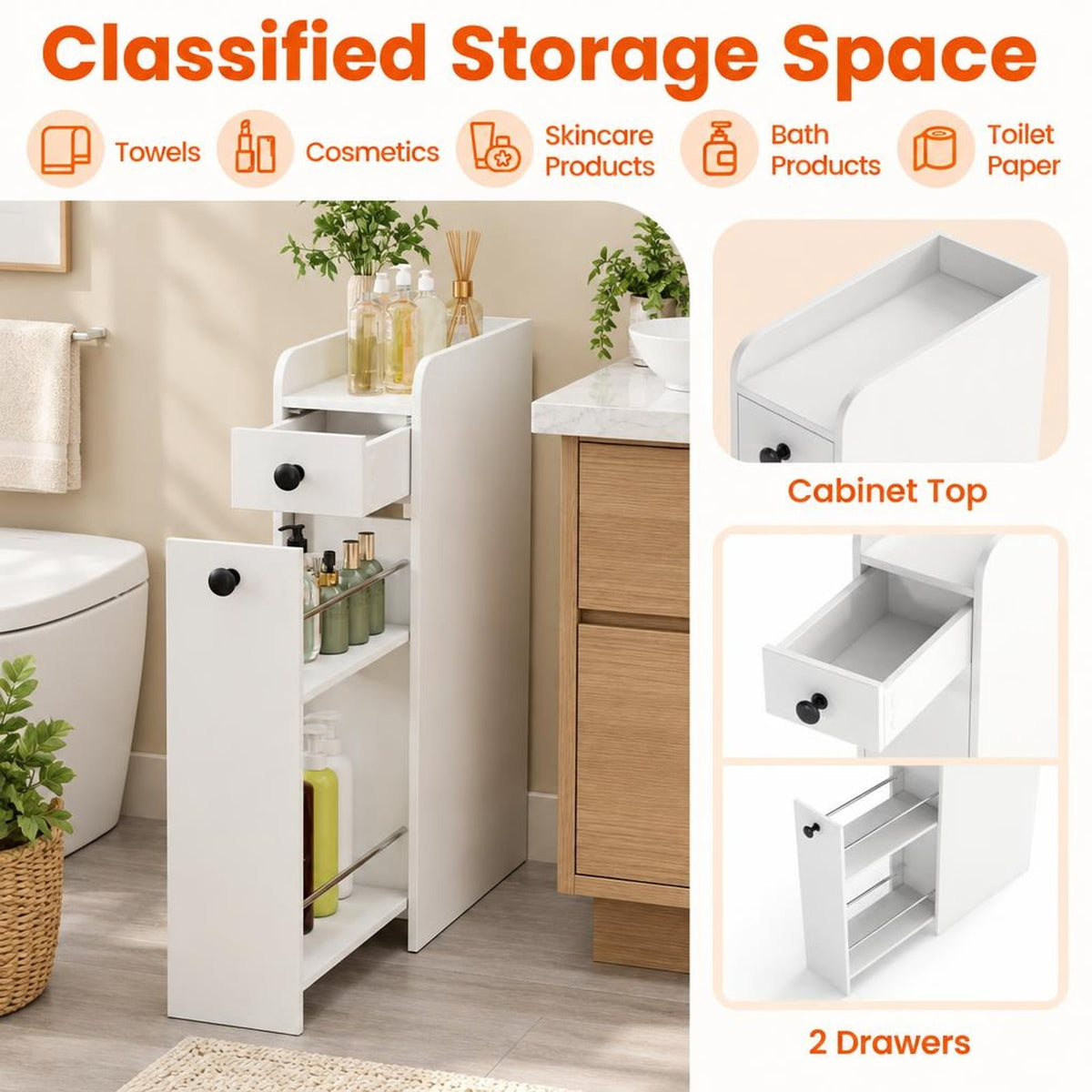 Airfind Small Bathroom Storage Cabinet 4-Tier with Slide Out Drawers on Casters, 66 lbs Capacity, MDF Frame, 16 Inch x 7 Inch x 27.5 Inch Drawer Footprint