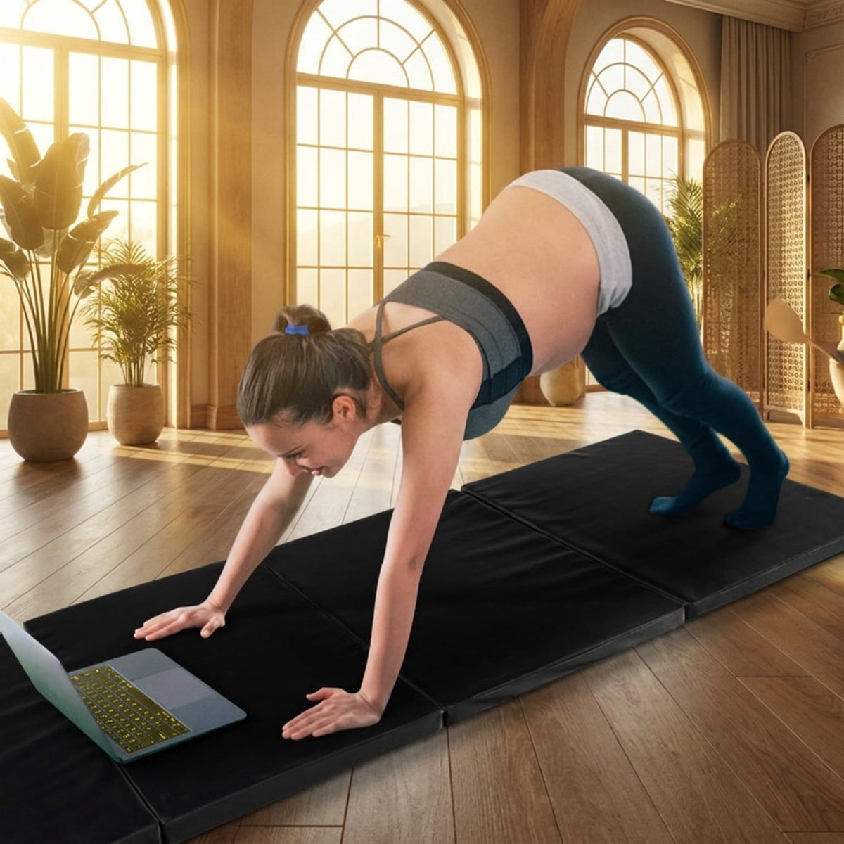 Airfind Folding Gymnastics Mat with Detachable Sweatproof PU Leather Cover and Carry Handles, Thick Foam Tumbling Exercise Mat, Black