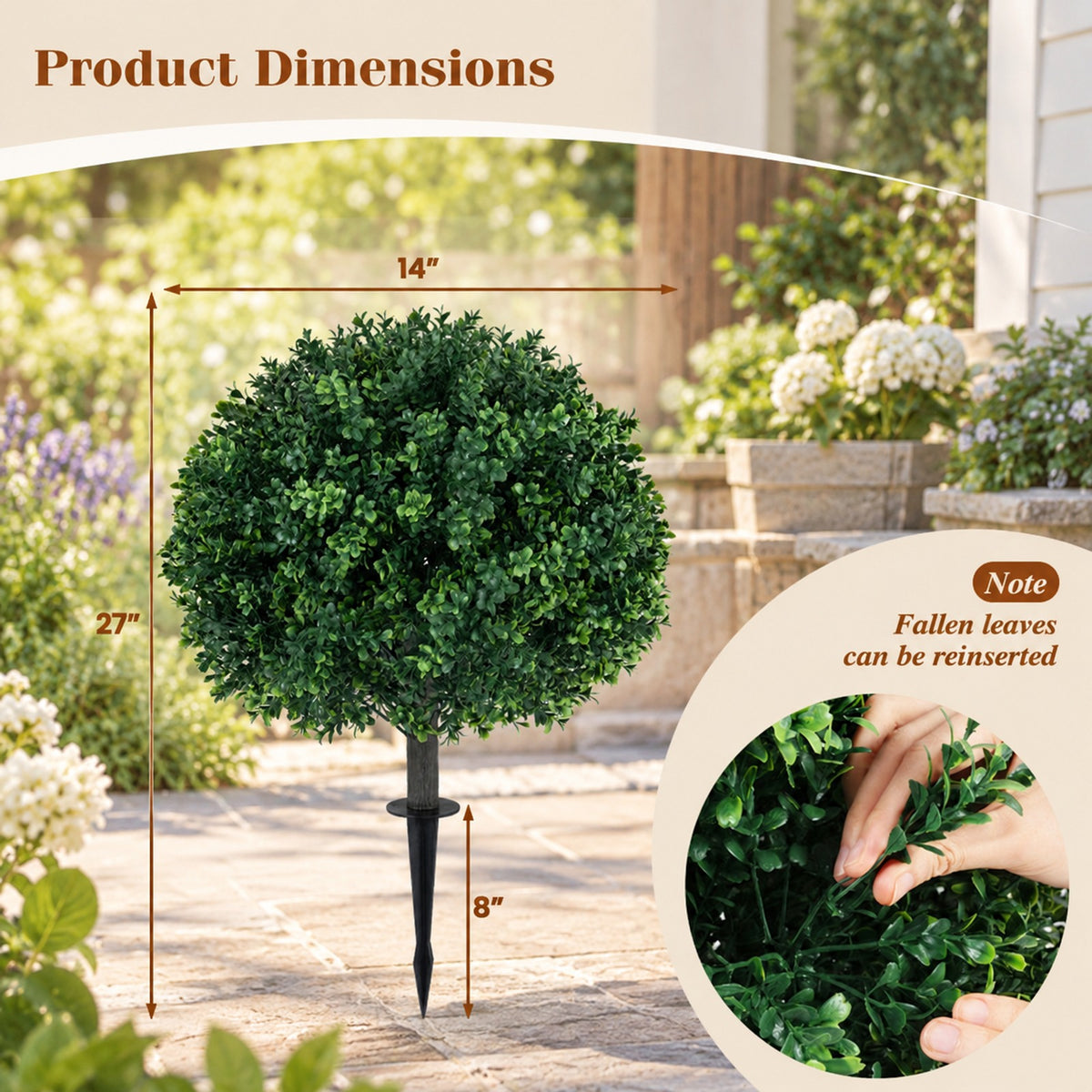 Airfind 27 Inch Artificial Boxwood Topiary Trees Set of 2 with Ground Spikes for Porch Patio, 14 Inch x 27 Inch Length of Ground Spike 8 Inch Total Footprint