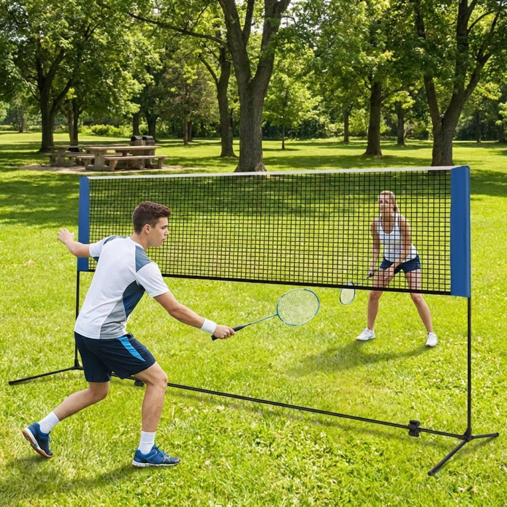 Airfind 10 Foot Adjustable Badminton Net Set for backyard with portable carry bag and non-slip footpads for pickleball volleyball tennis in blue black