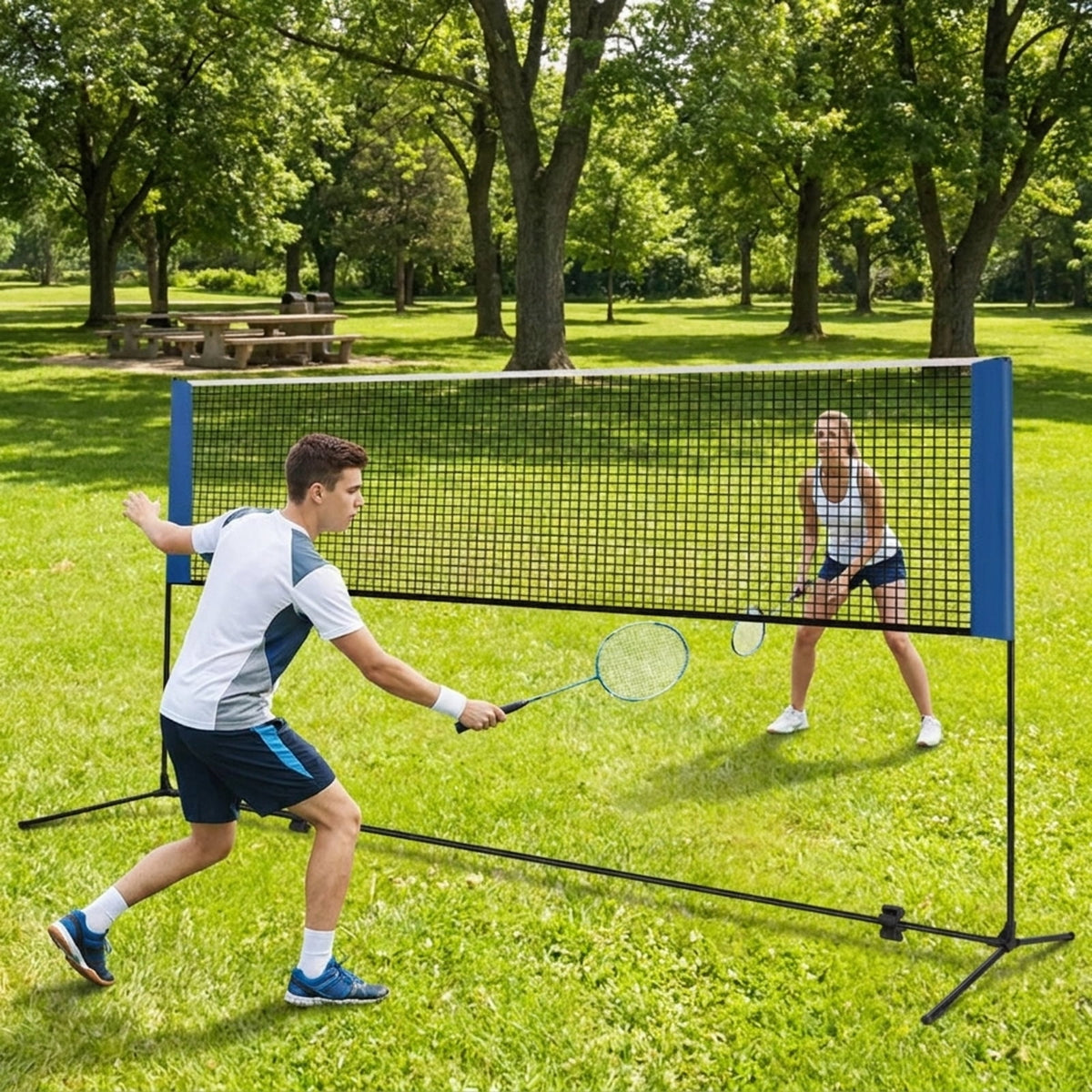Airfind 10 Foot Adjustable Badminton Net Set for backyard with portable carry bag and non-slip footpads for pickleball volleyball tennis in blue black
