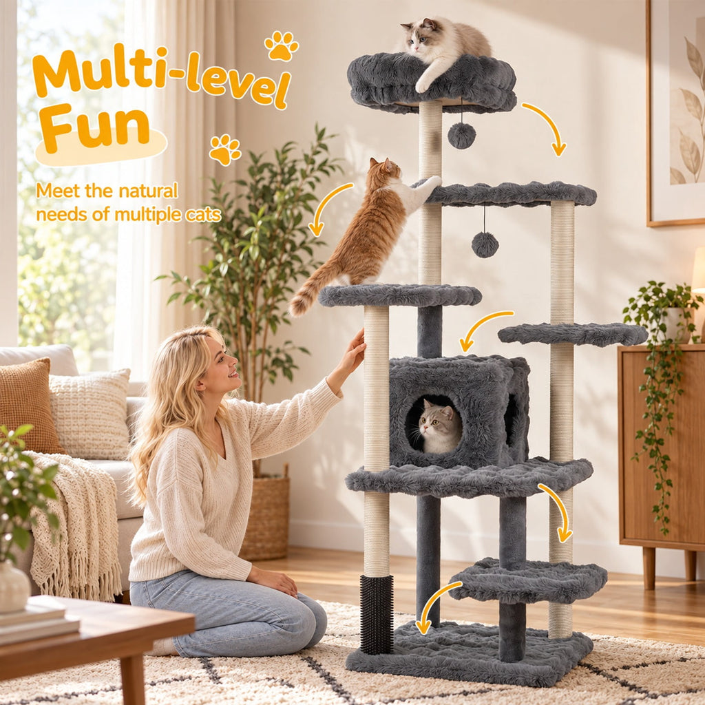 Airfind 67 Inch Multi-level Cat Tree with Large Cat Condo and Padded Perch, 22 lbs Capacity, Polyester Fabric PP Cotton Sisal Engineered Wood Frame