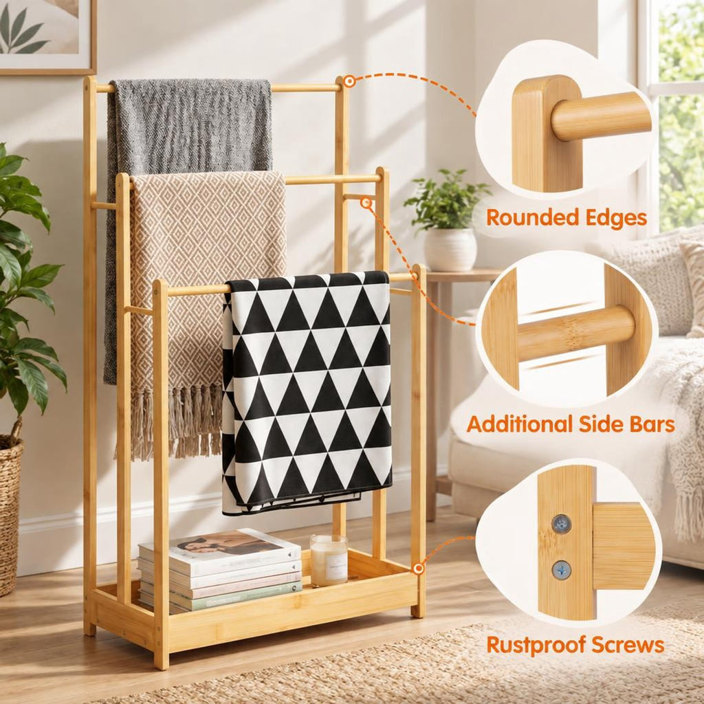 AIRFIND Bamboo Towel Rack, 3 Tier Freestanding Bathroom Organizer with Lower Storage Shelf and 5.5 lb Holding Capacity, Natural