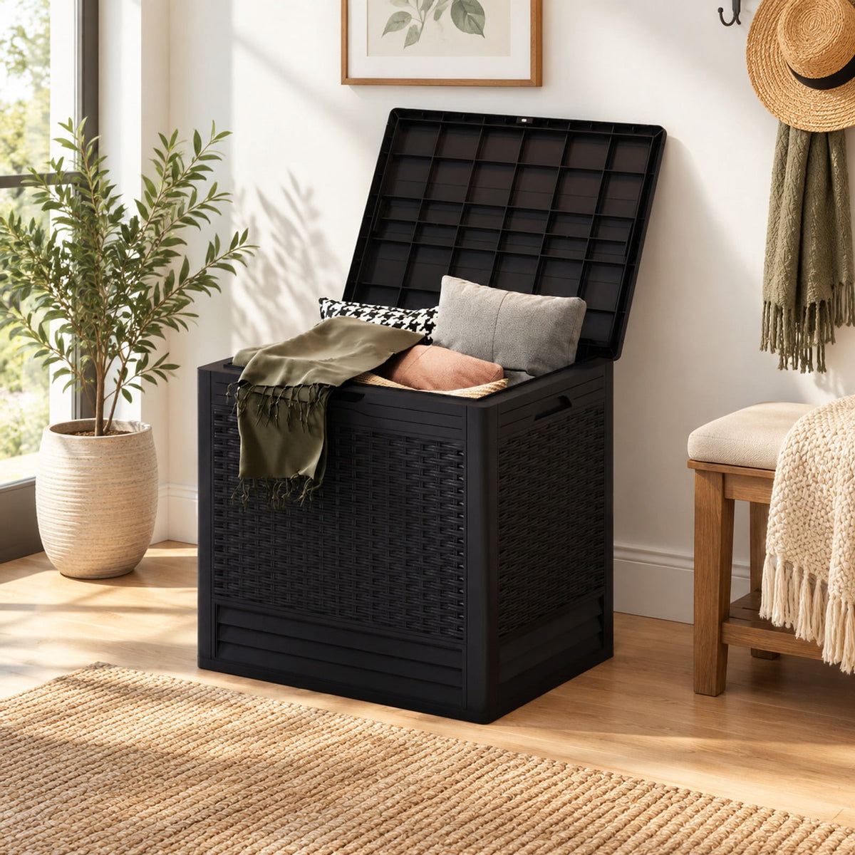 Airfind 25 Gallon Outdoor Storage Box with Rattan Patterns, 180 lbs Capacity, PP Frame, 23 x 17 x 21 Footprint, Brown