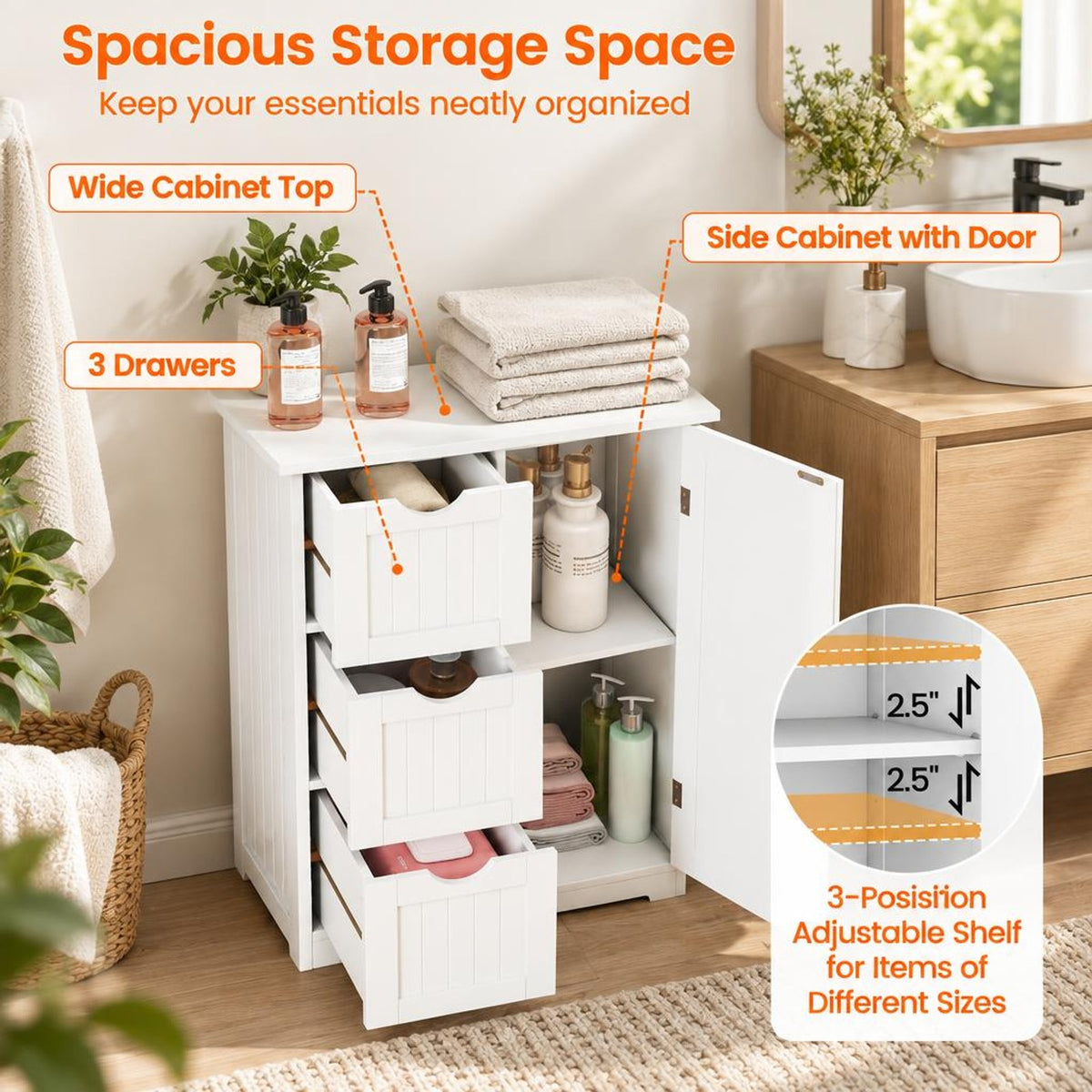 Airfind Bathroom Floor Cabinet Side Storage Cabinet with 3 Drawers and 1 Cupboard, MDF Frame, 24 x 12 x 32 Footprint, White