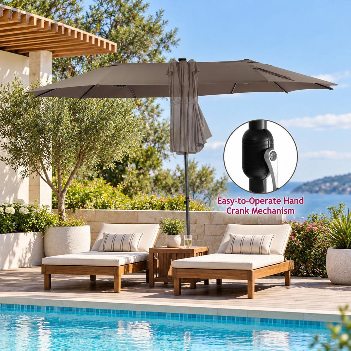 Airfind 15 Feet Twin Patio Umbrella with 48 Solar LED Lights, Steel polyester fabric Frame, 15.4 x 9.2 x 8 (L x W x H) Pole Footprint, Brown