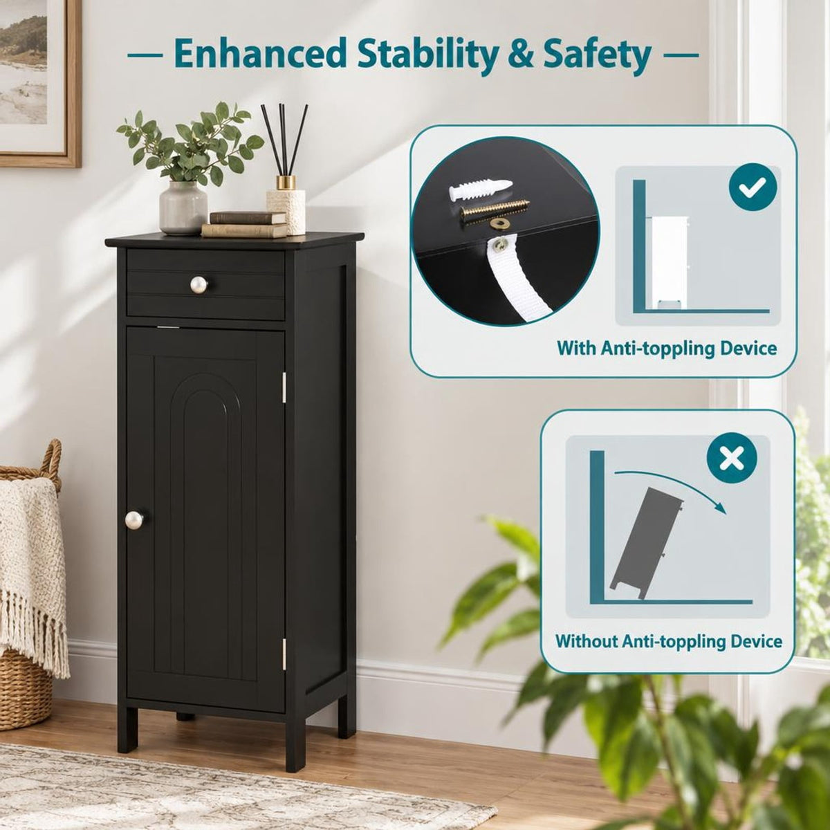 Airfind Wooden Storage Free-Standing Floor Cabinet with Drawer and Shelf, 132 lbs Capacity, MDF Frame, 14in x 12in x 34.5in Footprint, Black