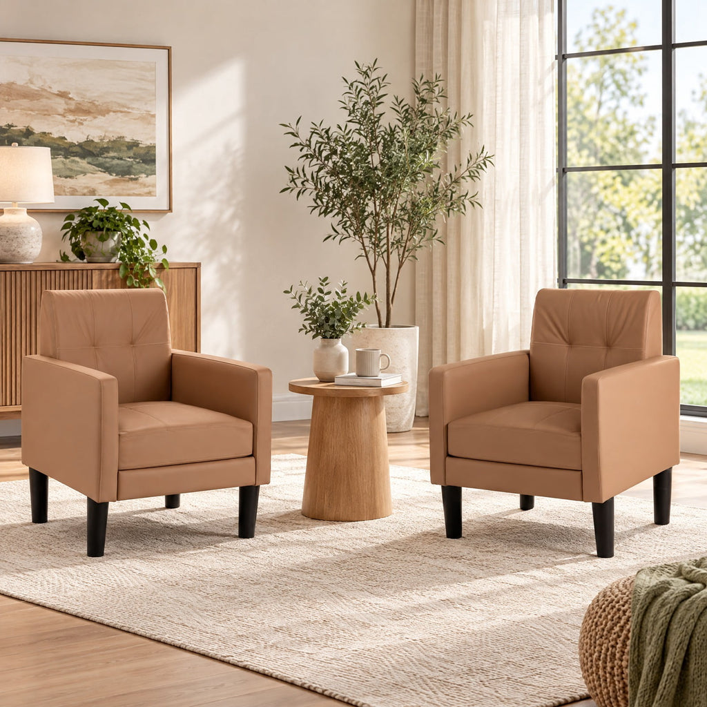 Airfind Set of 2 PU Leather Modern Accent Chair with Removable Seat Cushion, 350 lbs Capacity, PU Leather Sponge Plywood Plastic Frame, Brown