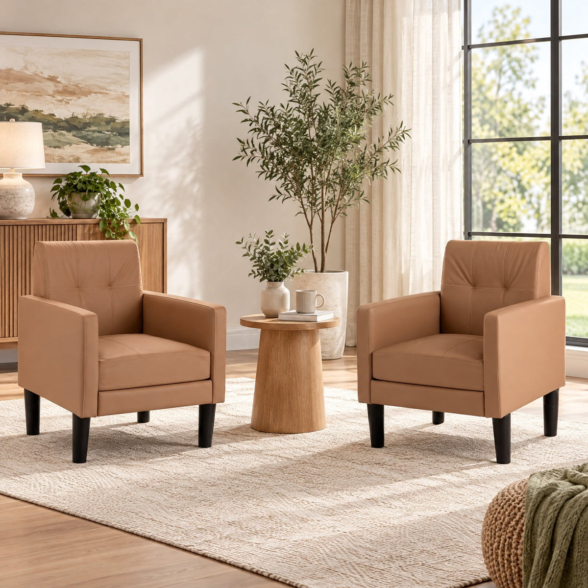 Airfind Set of 2 PU Leather Modern Accent Chair with Removable Seat Cushion, 350 lbs Capacity, PU Leather Sponge Plywood Plastic Frame, Brown