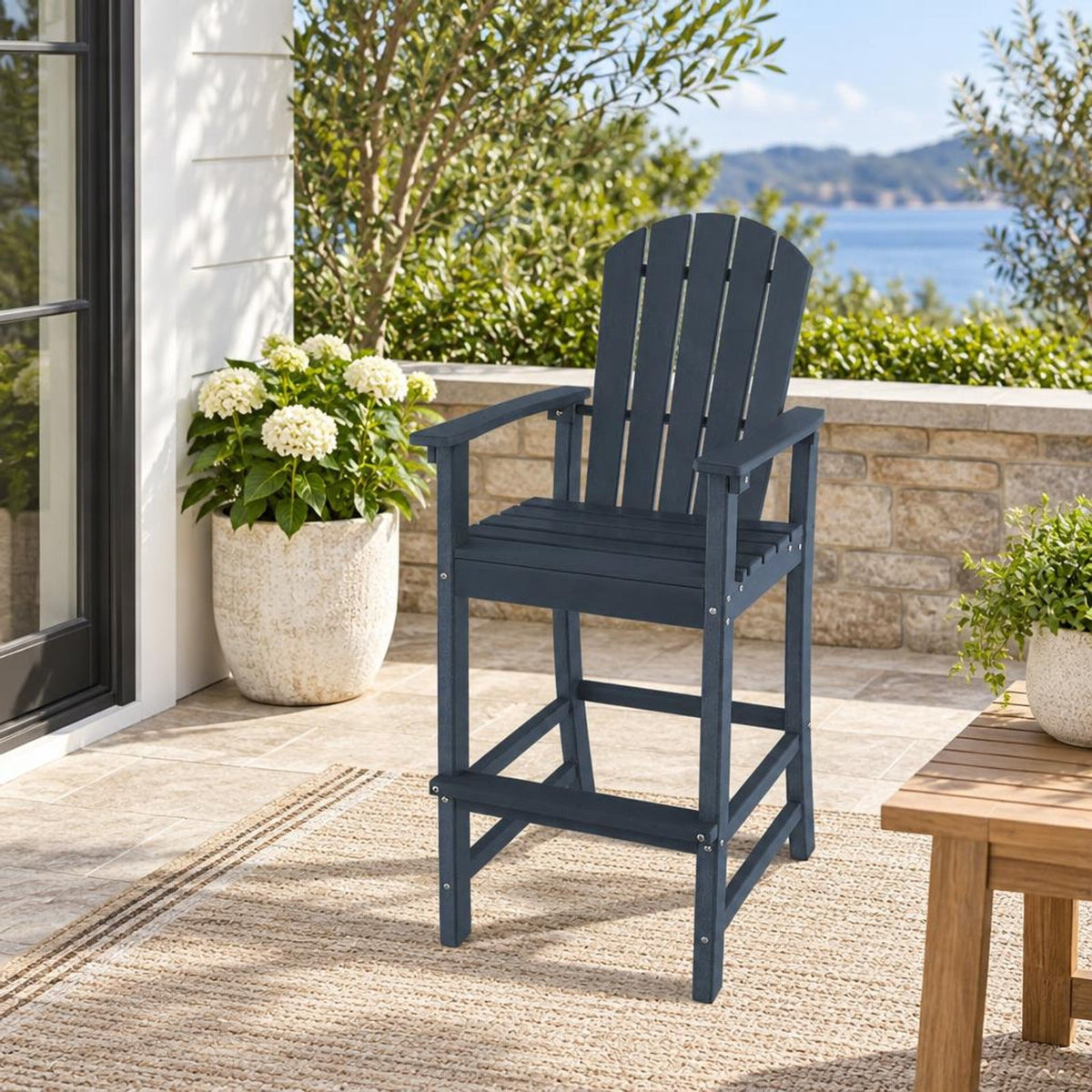 Airfind 30 Inches Counter Height Outdoor HDPE Bar Stool with Armrests and Footrest, 360 lbs Capacity, HDPE Frame, Navy