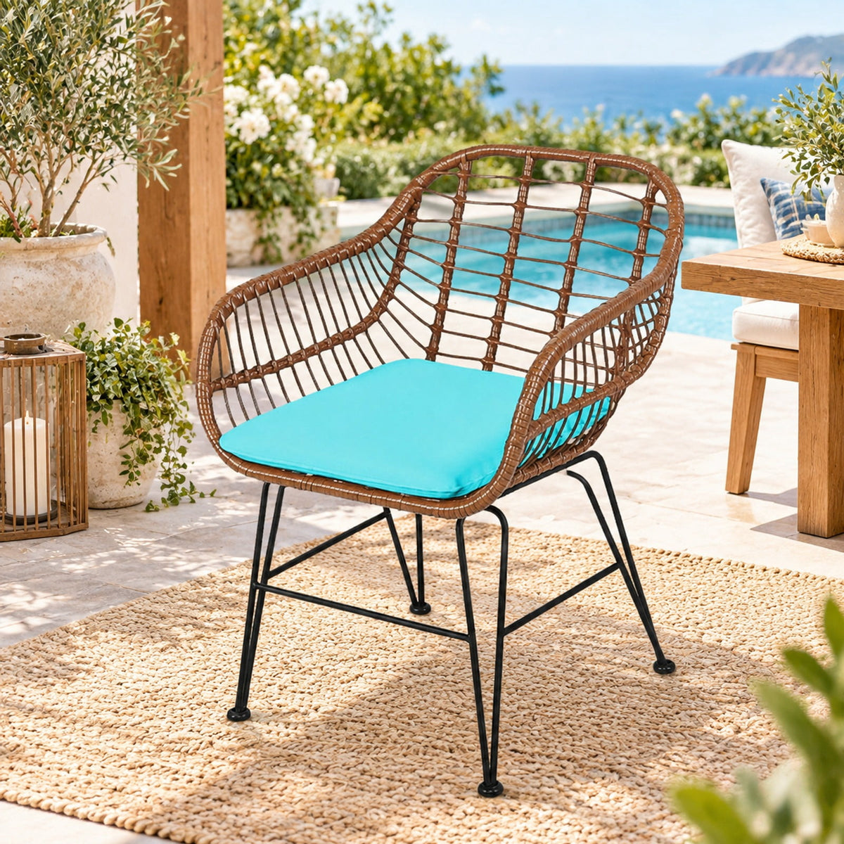 Airfind 3 Pieces Patio Rattan Bistro Set with Cushion, 170 lbs Capacity, Steel Rattan Sponge Polyester Frame, 22.5 Inch x 24 Inch x 31.5 Inch Footprint