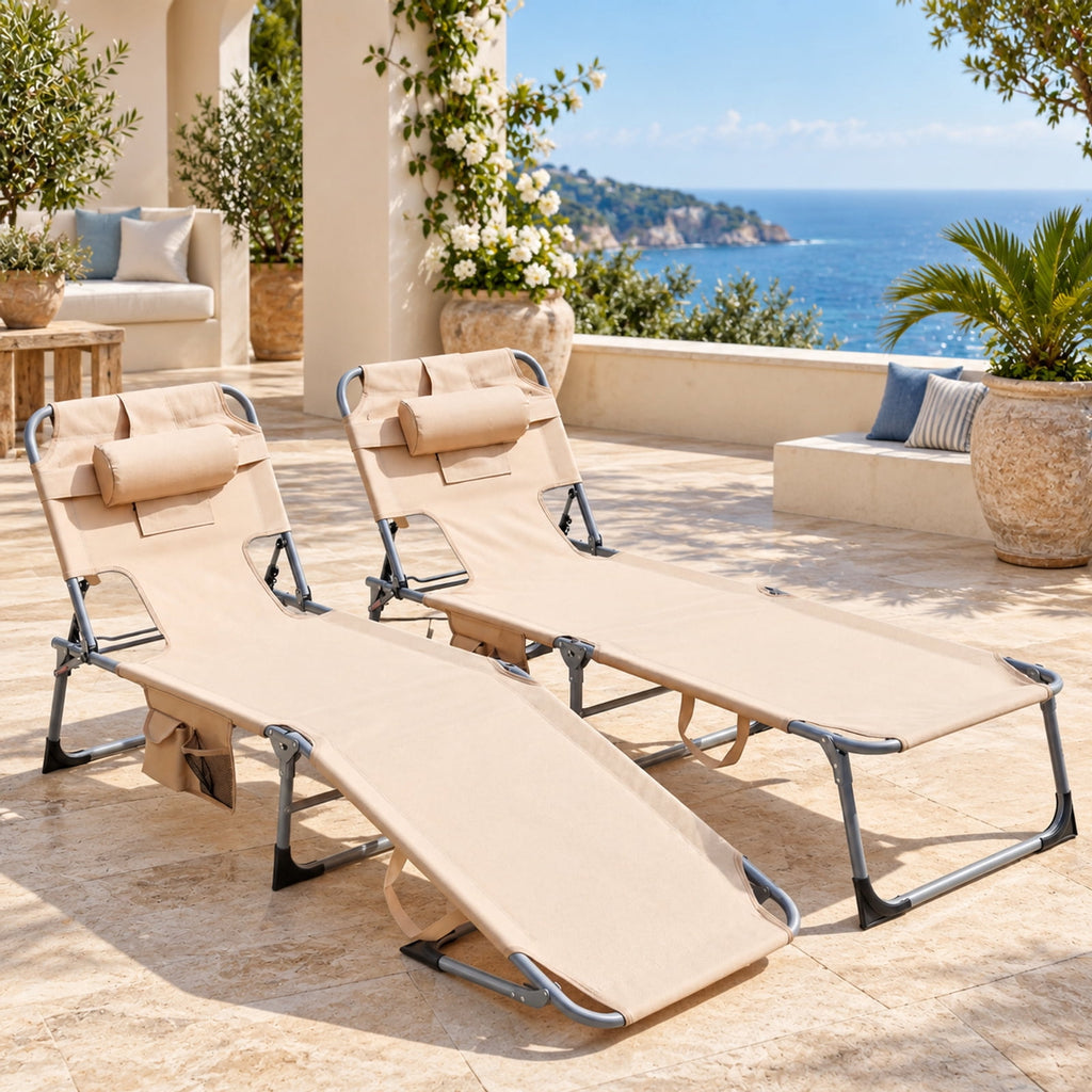 Airfind Set of 2 Tanning Chair Portable Chaise Lounge Chair with 4-Position Adjustable Backrest, 330 lbs Capacity, Beige