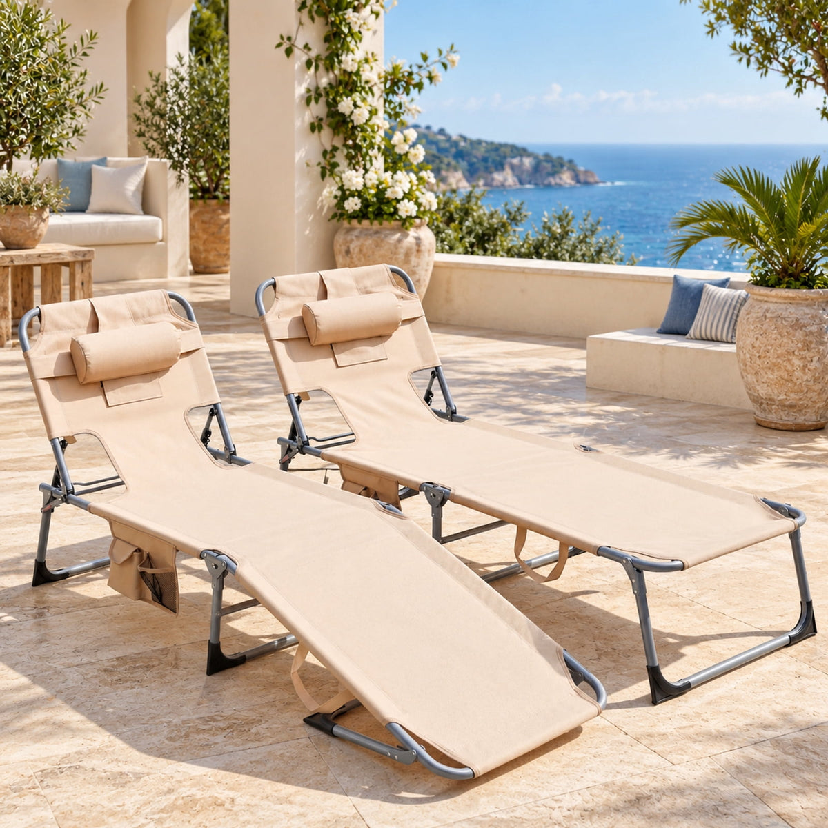 Airfind Set of 2 Tanning Chair Portable Chaise Lounge Chair with 4-Position Adjustable Backrest, 330 lbs Capacity, Beige