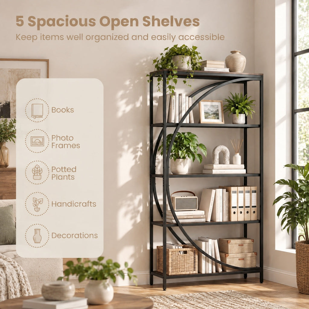 Airfind 5-Tier Bookshelf with Half-Moon Shape for Living Room and Home Office, 88 lbs Capacity, Engineered Wood Metal Frame, Brown