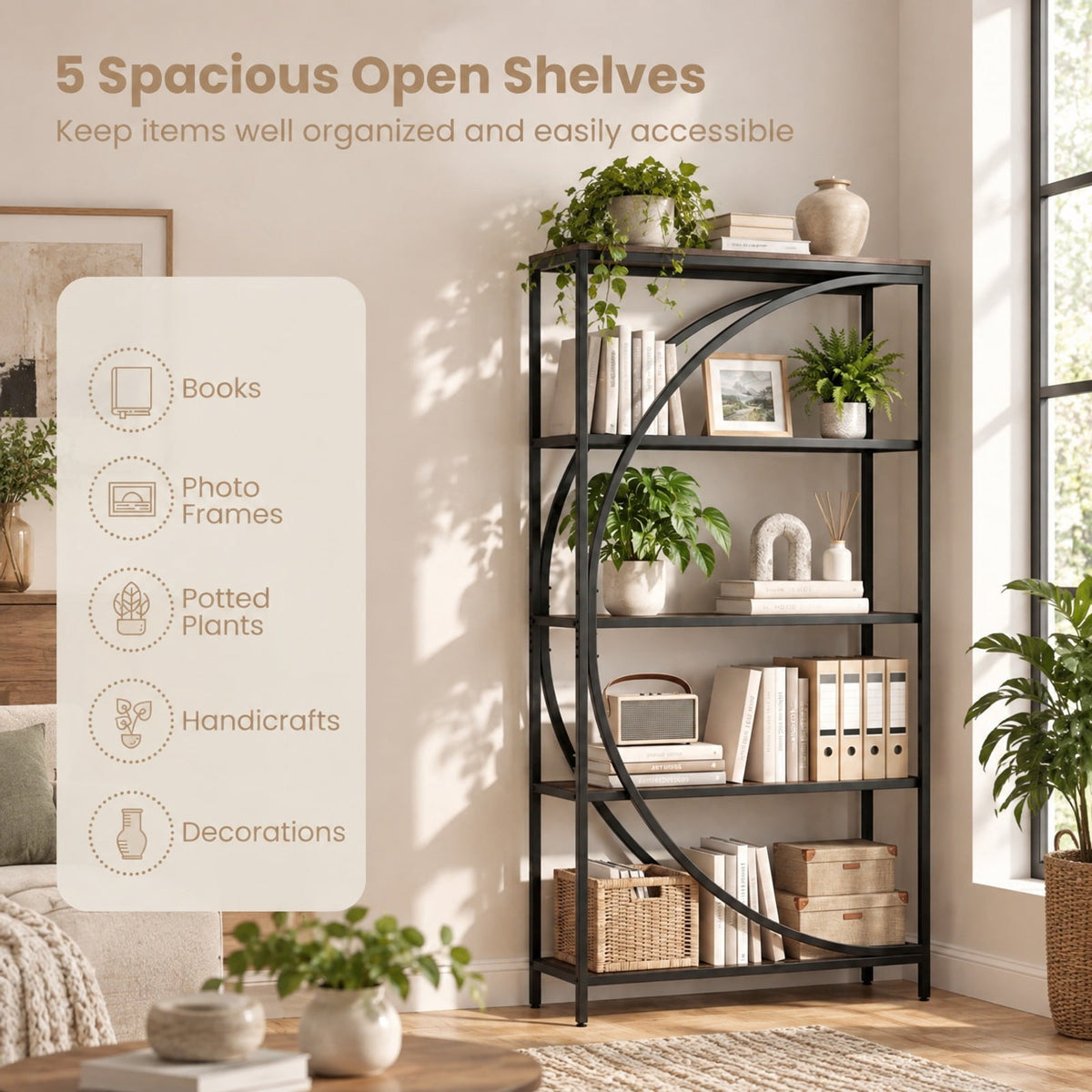 Airfind 5-Tier Bookshelf with Half-Moon Shape for Living Room and Home Office, 88 lbs Capacity, Engineered Wood Metal Frame, Brown