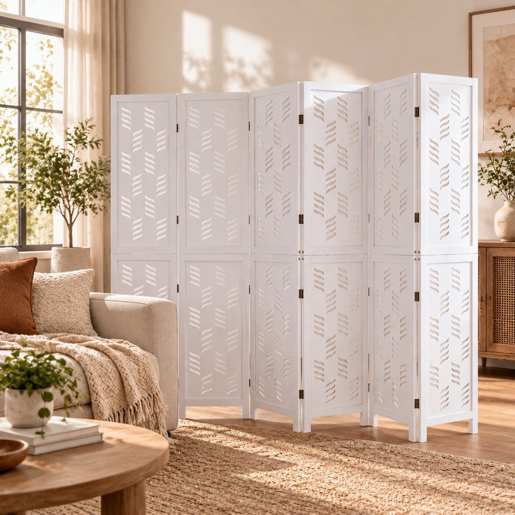 Airfind 5.5 FT Tall Room Divider 6 Panels with Wave Cutout and Paulownia Frame for Room, Paulownia Wood Metal Frame, 95in x 67in Footprint, White