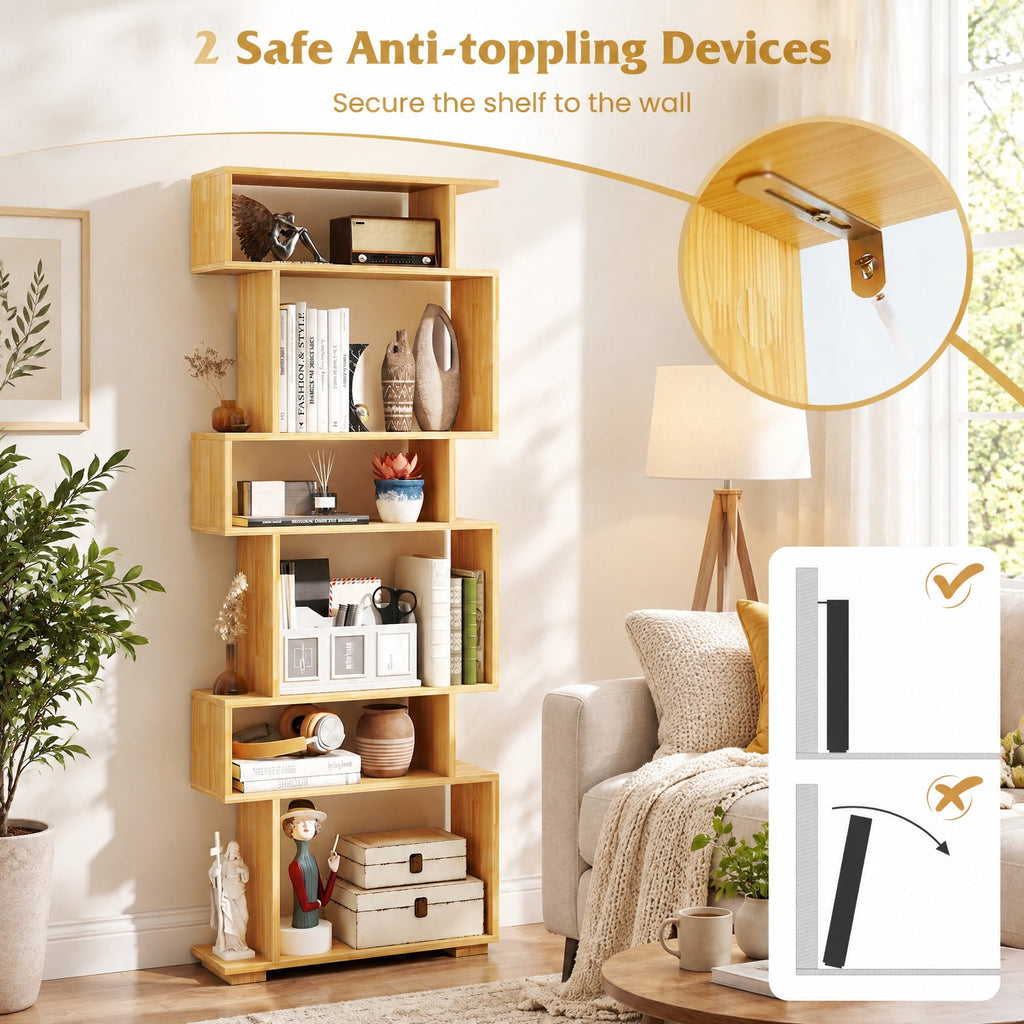 Airfind 6-Tier Geometric Bookshelf with 2 Anti-Tipping Kits for Home Office, 11 lbs Capacity, Engineered Wood Frame, 24 x 8 x 64 Footprint, Wood