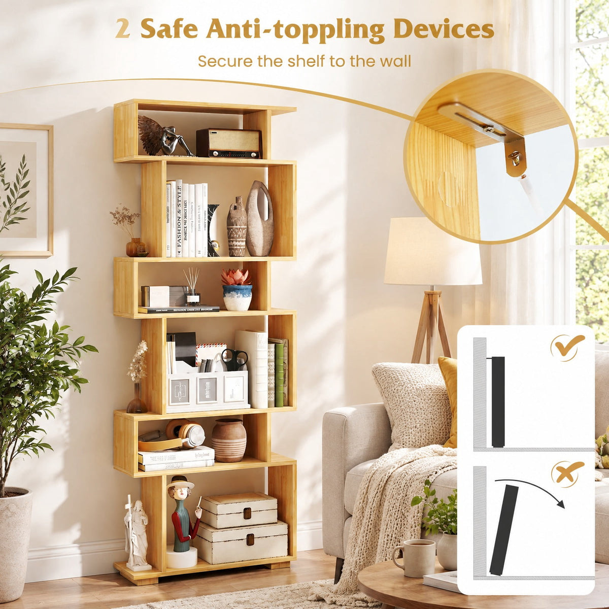Airfind 6-Tier Geometric Bookshelf with 2 Anti-Tipping Kits for Home Office, 11 lbs Capacity, Engineered Wood Frame, 24 x 8 x 64 Footprint, Wood
