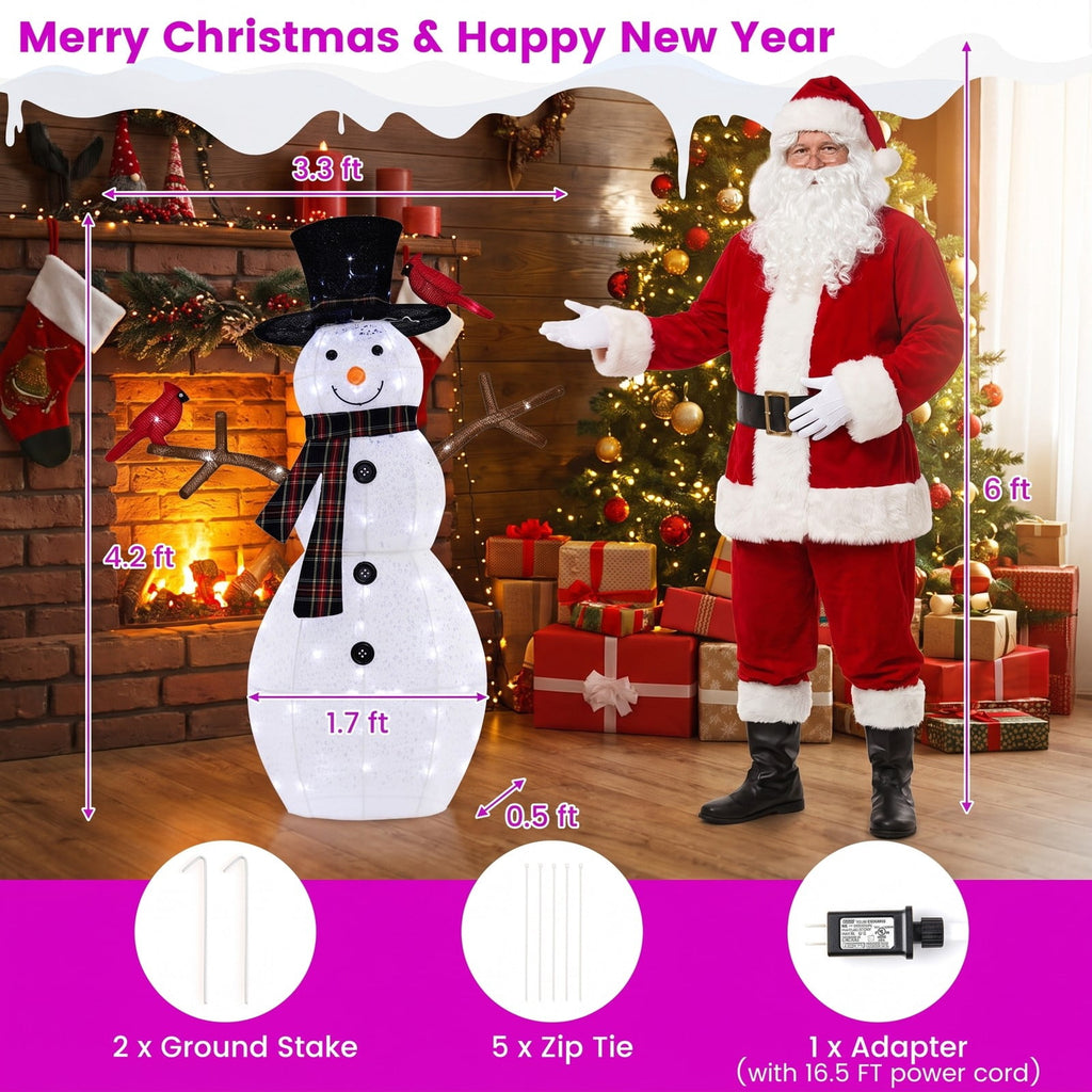 Airfind 4.2 Feet Lighted Snowman and Redbirds Christmas Decoration, Tinsel Fabric Metal Frame, 3.3 x 0.5 x 4.2 ft Footprint, Black+White+Red