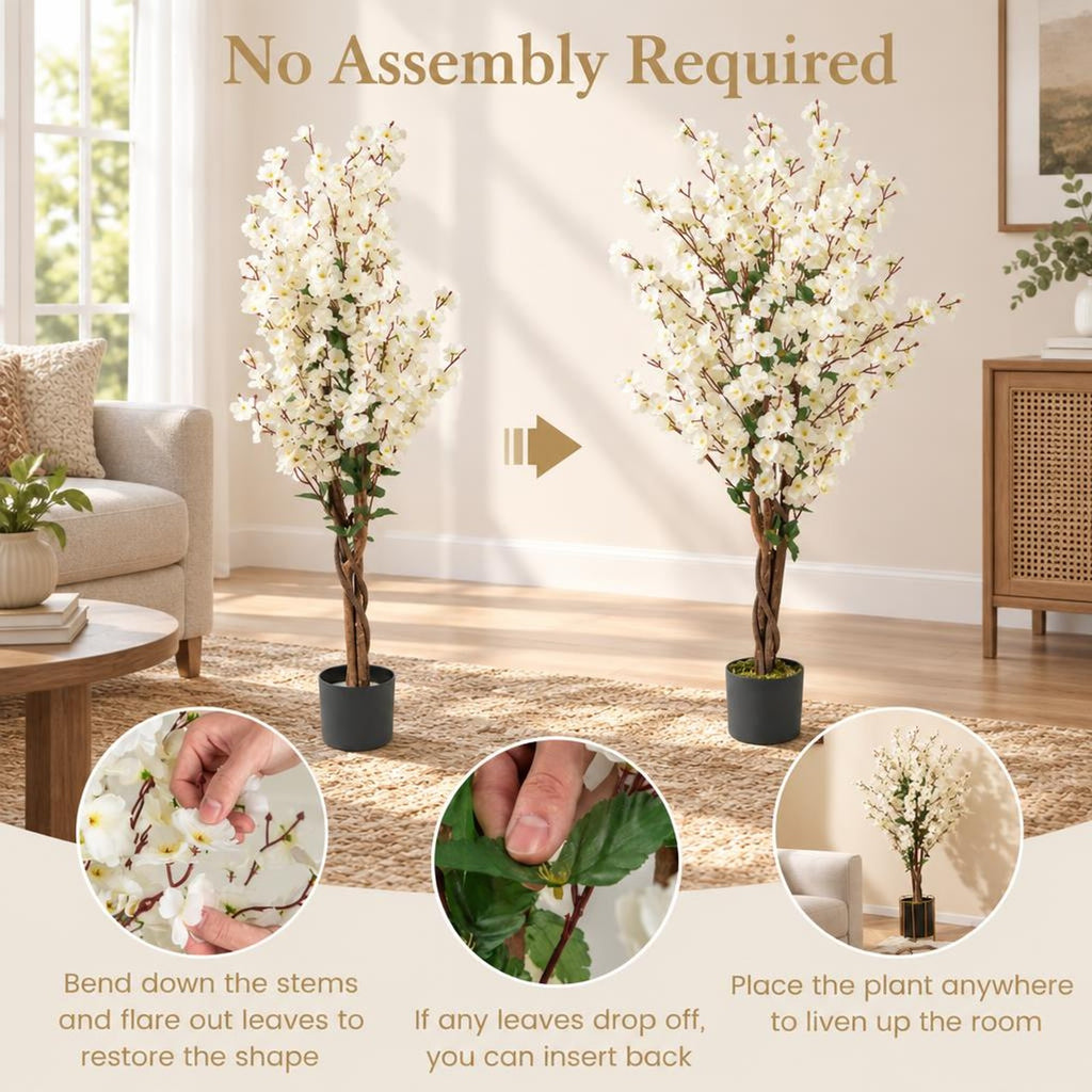 AIRFIND Artificial Plum Blossom Tree 47 in with White Fabric Flowers, Wood Trunk and Cement-Filled Pot for Home and Office Decor
