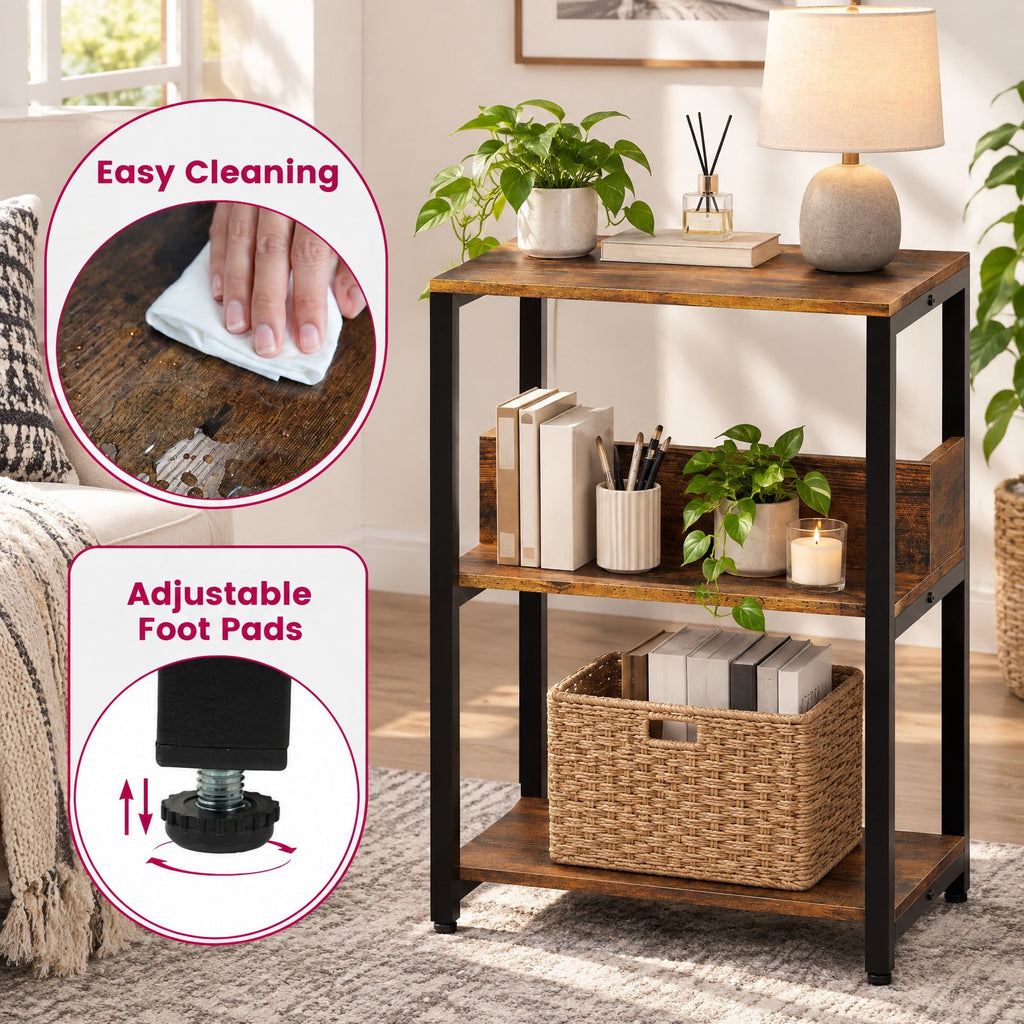 Airfind Side End Table with Charging Station and Open Shelves, 66 lbs Capacity, Engineered Wood Metal Frame, 16 x 12 x 24 Footprint, Brown
