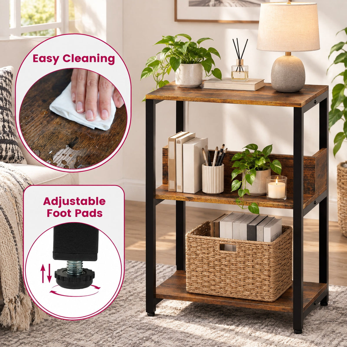 Airfind Side End Table with Charging Station and Open Shelves, 66 lbs Capacity, Engineered Wood Metal Frame, 16 x 12 x 24 Footprint, Brown