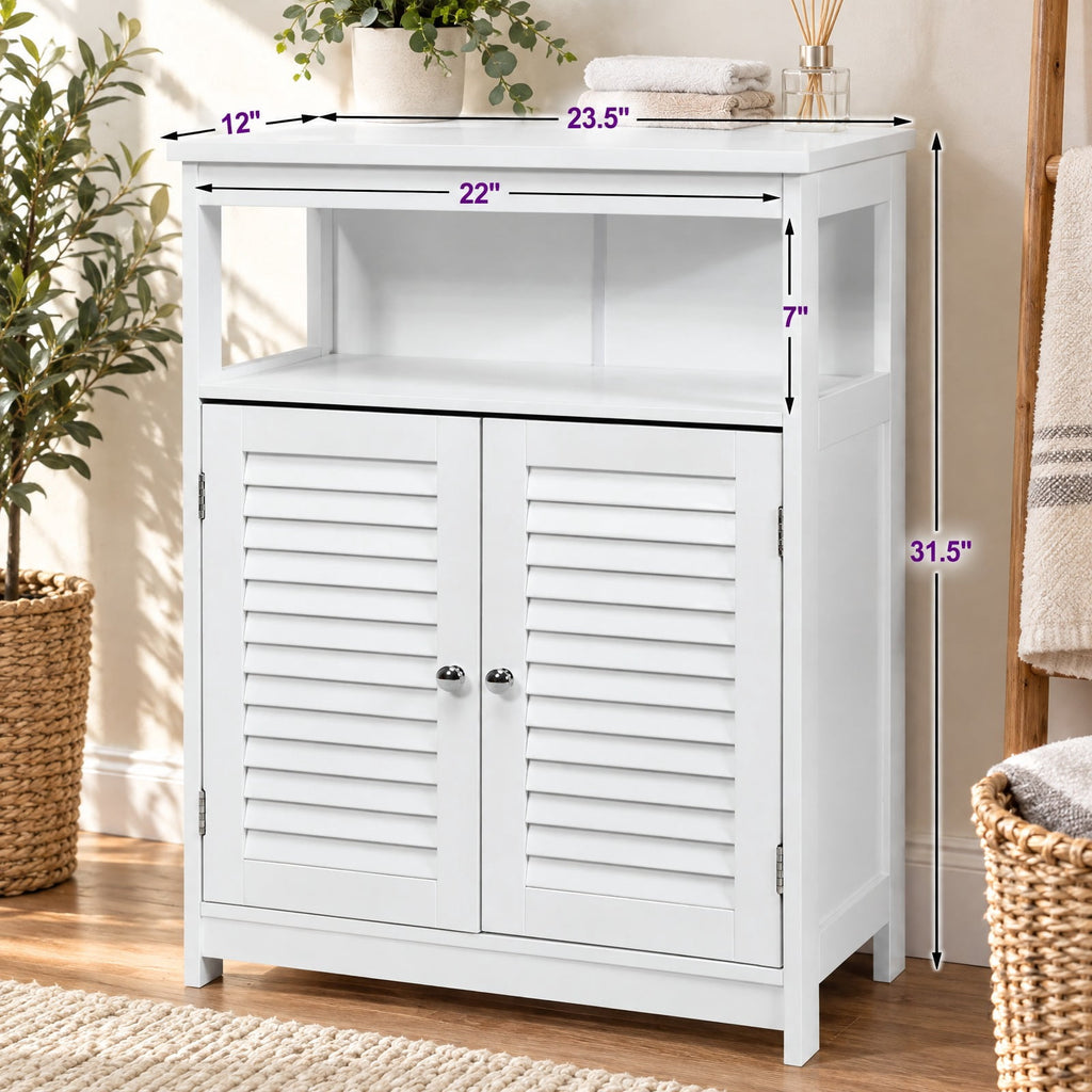 Airfind Wood Freestanding Bathroom Storage Cabinet with Double Shutter Door, 77 lbs Capacity, P2 MDF Frame, 23.5in x 12in x 31.5in Footprint, White