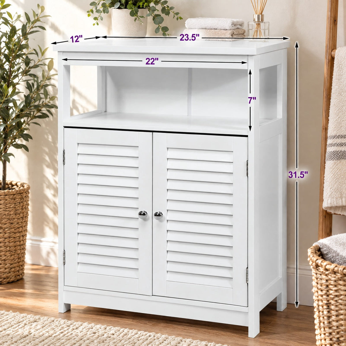 Airfind Wood Freestanding Bathroom Storage Cabinet with Double Shutter Door, 77 lbs Capacity, P2 MDF Frame, 23.5in x 12in x 31.5in Footprint, White