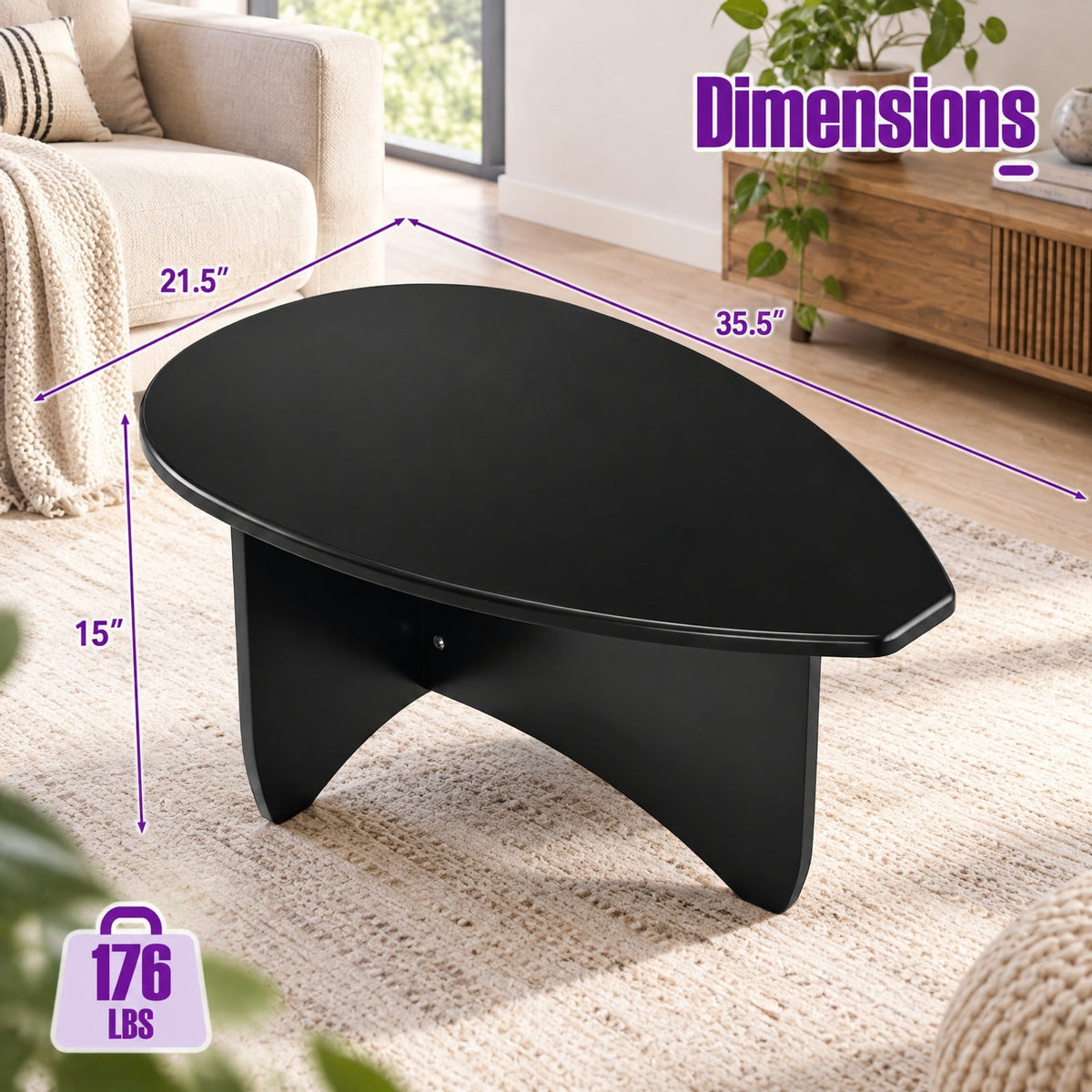 Airfind Oval Coffee Table Mid Century Modern Accent Table Low Profile Wooden Center Table, 35.5 x 21.5 x 15Weight Footprint, Black