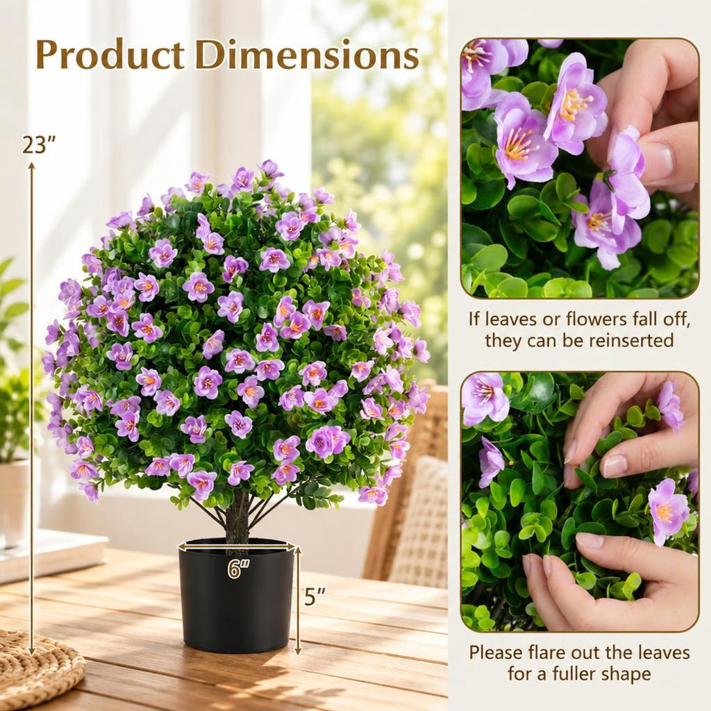 Airfind 2 Pack Artificial Eucalyptus Topiary Trees with Flowers and Cement Planter for Home, PE PP Cement Foam Frame, Purple