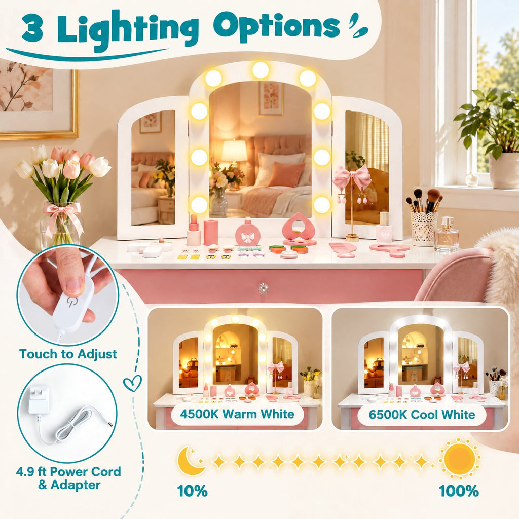 Airfind 2-in-1 Kids Vanity Table Set with Tri-Folding Detachable Mirror and Lights, 110 lbs Capacity, MDF Pine Wood Acrylic Frame, Footprint, White