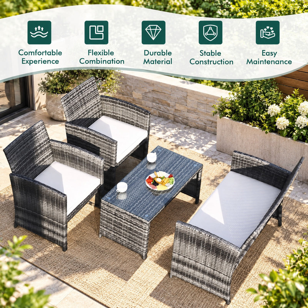 Airfind 4 Pcs Patio Rattan Furniture Set Top Sofa With Glass Table, PE Rattan Polyester Fiber Steel Sponge Single Sofa Frame, White