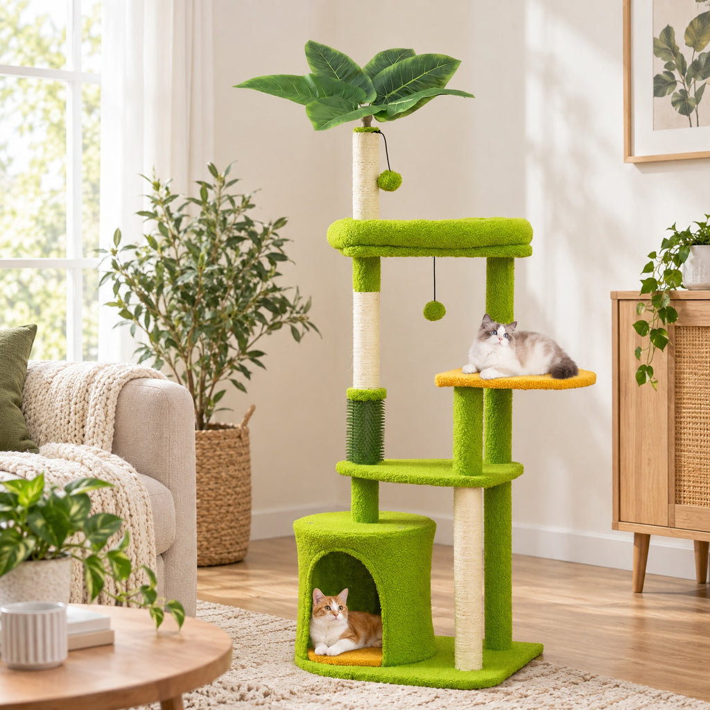 Airfind Cute Cat Tree for Adult Cats Multi-level Kitty Tower, Engineered Wood EVA Sisal Teddy Fleece Product Height 48 Base Frame, Green