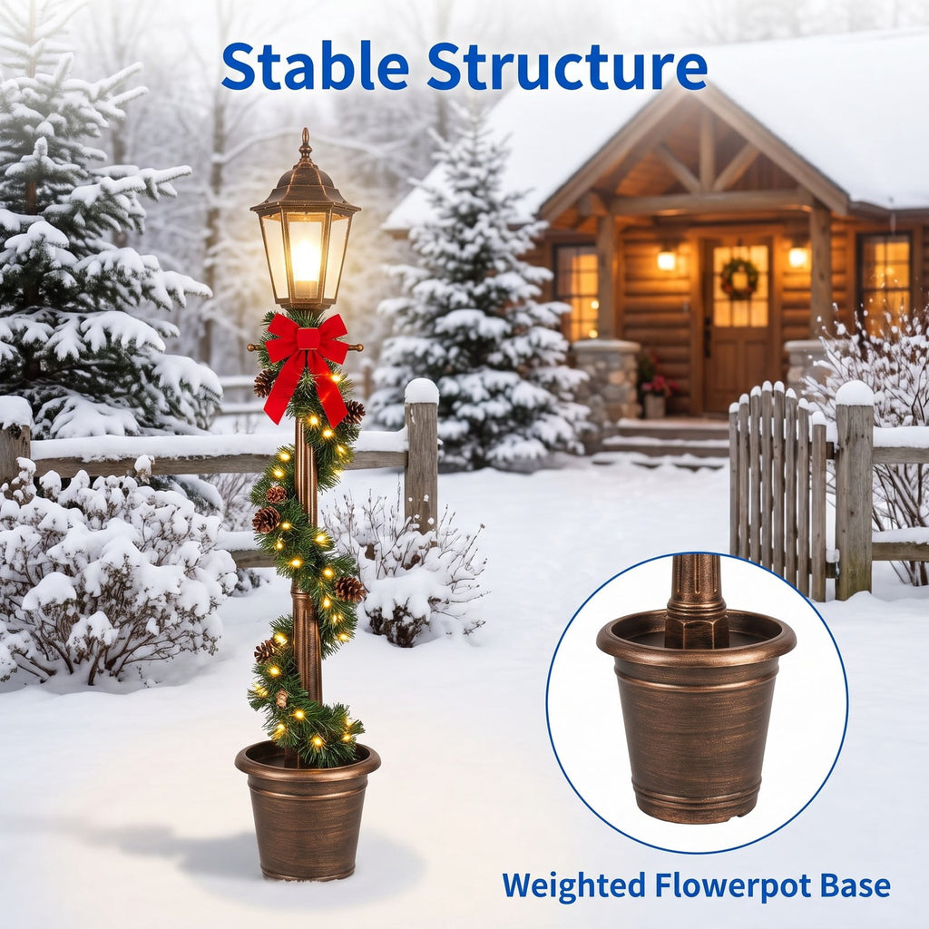 Airfind 6.1 Feet Christmas Pre-lit Street Lamp with Artificial Greenery and Snow-flocked Branch Tips, Metal Plastic Frame, 9in x 9in x 6.1ft Footprint