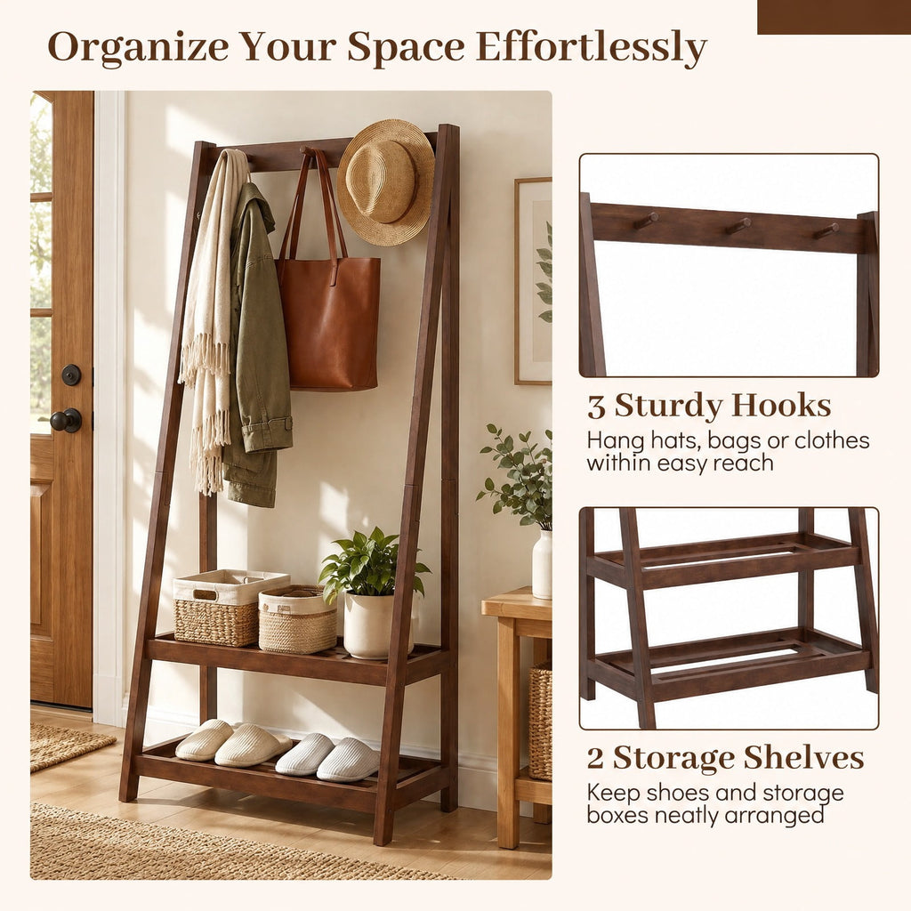 Airfind Freestanding Clothes Rack with 3 Hooks and 2 Shelves, 33 lbs Capacity, Rubber Wood Frame, 13 x 24 x 55 Footprint, Walnut