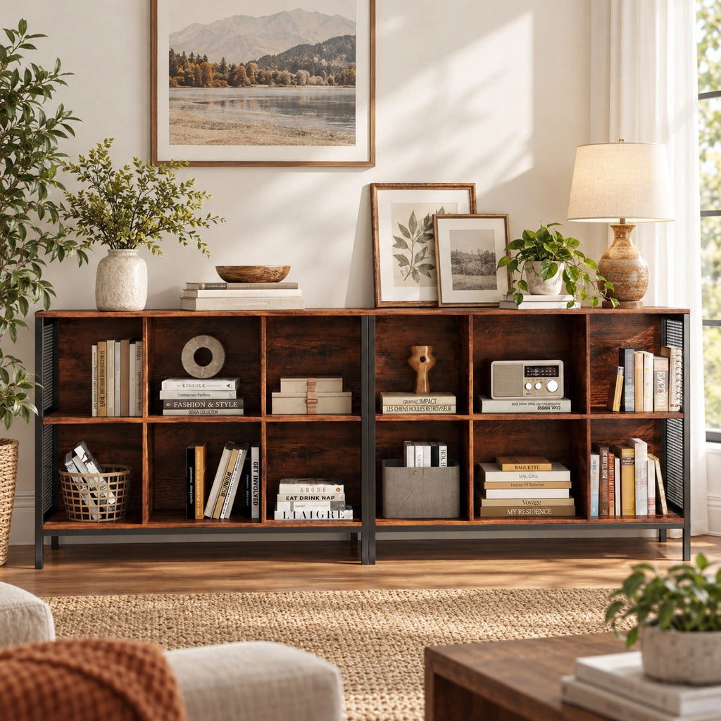 Airfind 6 Cube Bookcase 42 Wide Horizontal Bookshelf with Accent Cubby Shelf, 88 lbs Capacity, MDF Engineered Wood Metal Frame, Brown