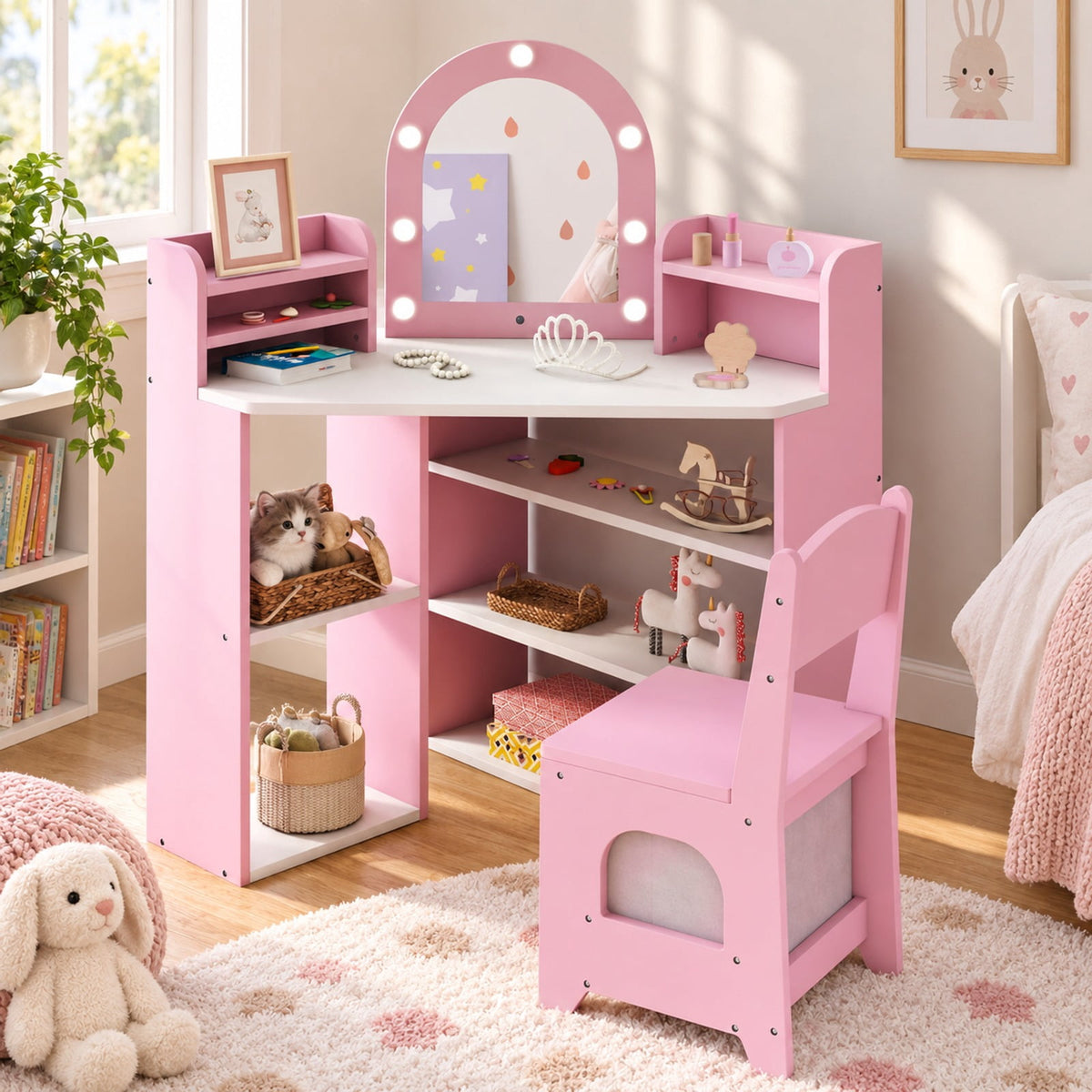 Airfind 2-In-1 Kids Vanity Set with Lights for Toddlers 3+ Years Old, 45 lbs Capacity, MDF Non-woven Fabric Frame, 37 x 24 x 39.5 Footprint, Pink