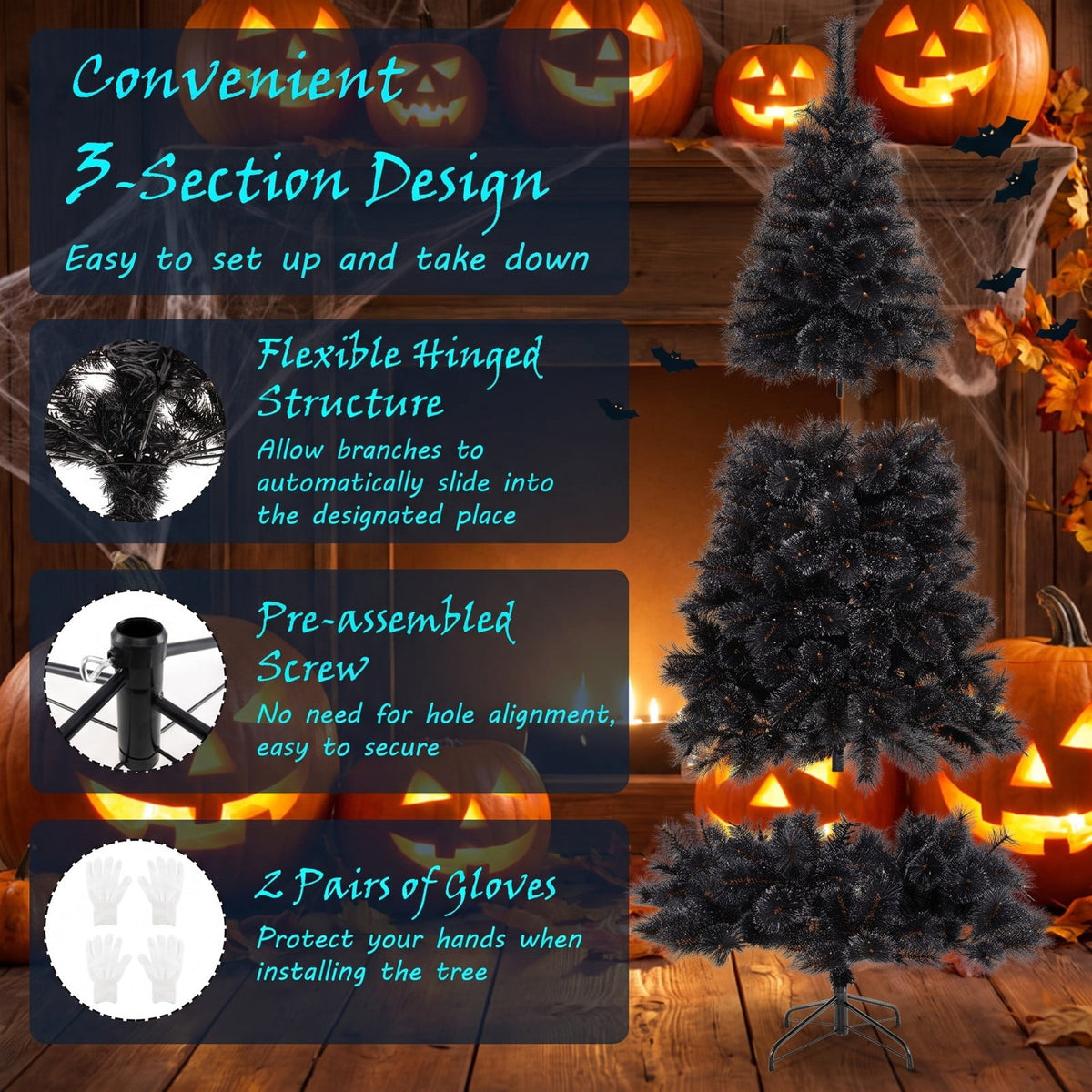 Airfind 6/7/8 Feet Black Artificial Halloween Christmas Tree with PVC Branch Tips and 210/320/450 Cool White LED Lights, Black