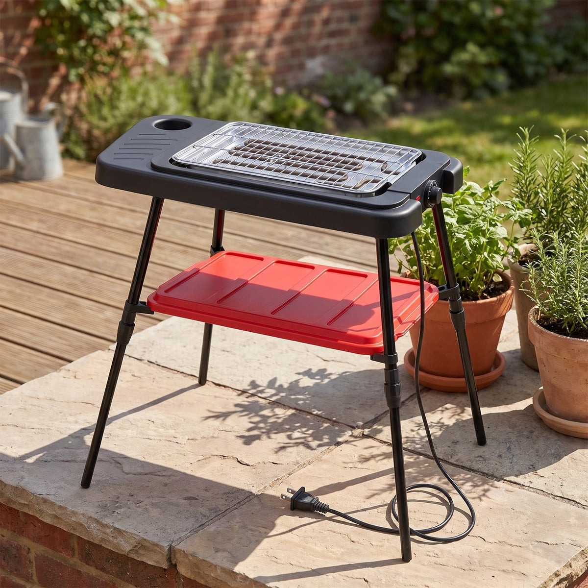 Airfind 1500W 2-in-1 Electric Grill featuring Detachable Stand and Dual Plates for Balcony, Metal PP Electroplated Chrome Enamel Zinc Sheet Frame, Red