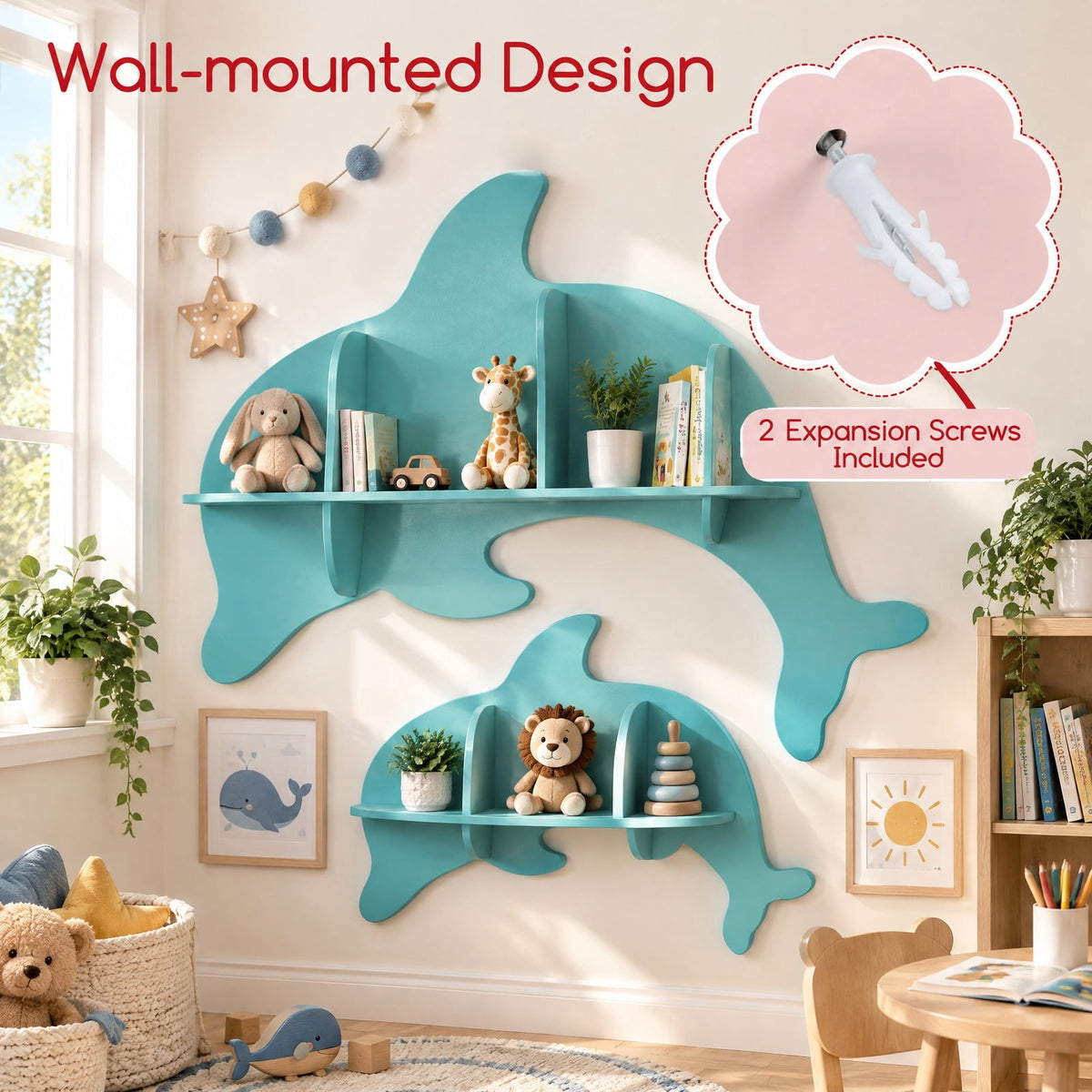 Airfind Floating Dolphin Shelves Wall Mounted Storage Display Rack, 11 lbs Capacity, MDF Frame, 38 x 6 x 27 Footprint, Blue