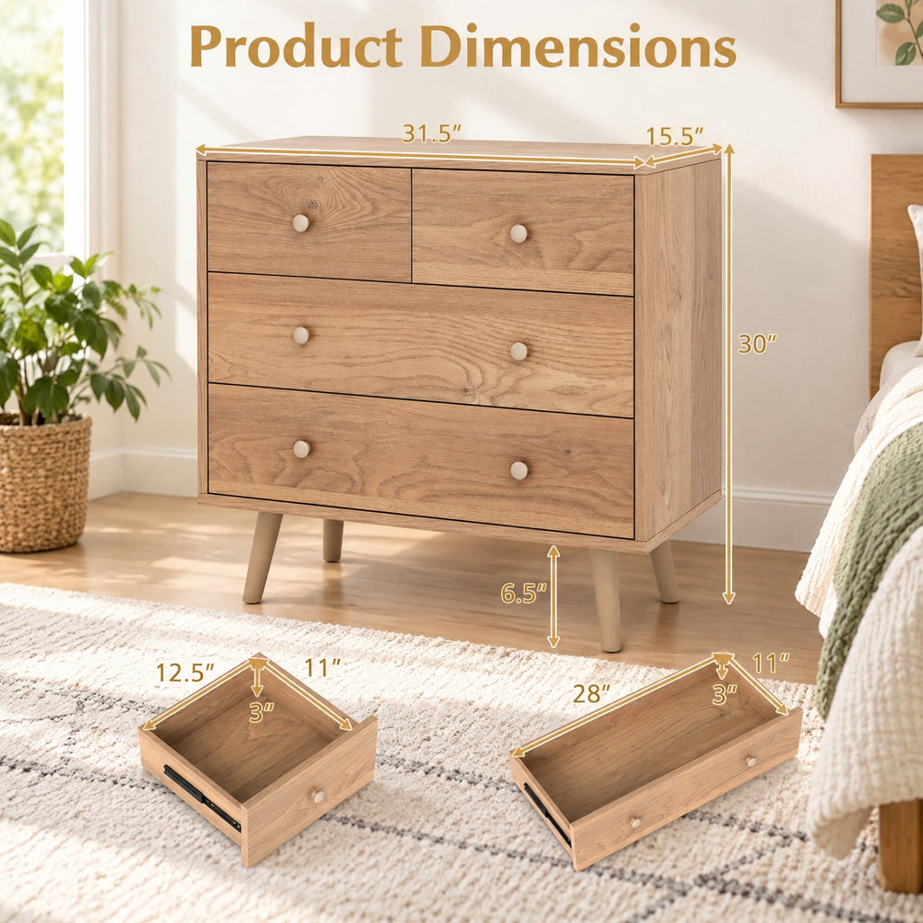Airfind Wide Wooden Dresser with 4 Drawers for Bedroom Living Room, 110 Lbs Capacity, Engineered Wood Mdf, 31.5 Inch X 15.5 Inch X 30 Inch, Natural