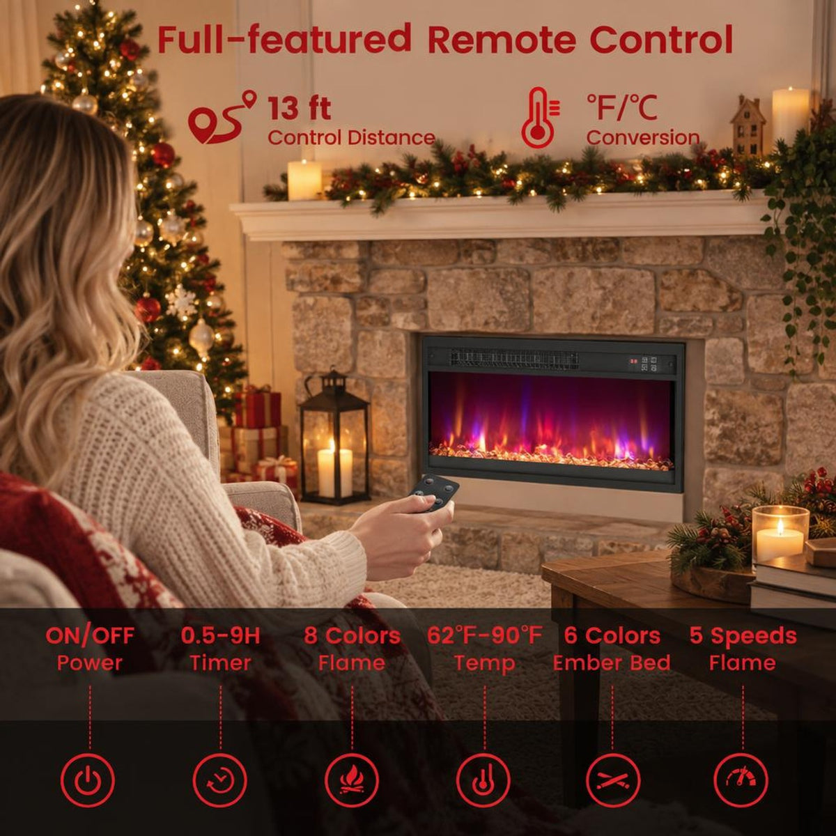 Airfind 18/23/26 Inch 1500W Electric Fireplace Insert with Remote Control-23 inches, Metal Tempered Glass Frame, 19.3in x 4.8in x 17.7in Footprint