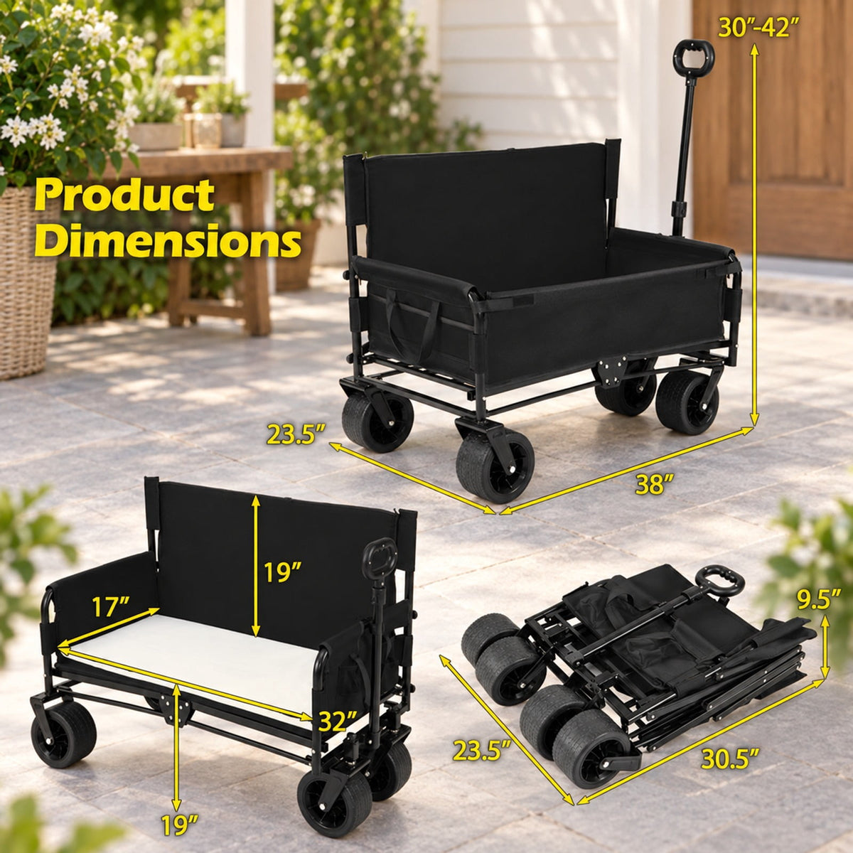 AIRFIND Collapsible Utility Wagon with 2-in-1 Bench Seat Design and 176 Lb Capacity for Beach, Camping and Outdoor Trips, Black