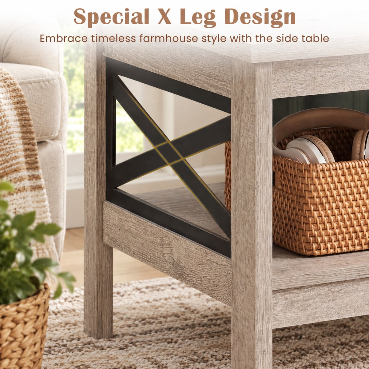 Airfind 2-Tier Square Side Table with Storage Shelf and X-Frame for Bedroom Living Room, 220 lbs Capacity, Engineered Wood MDF Frame, Brown