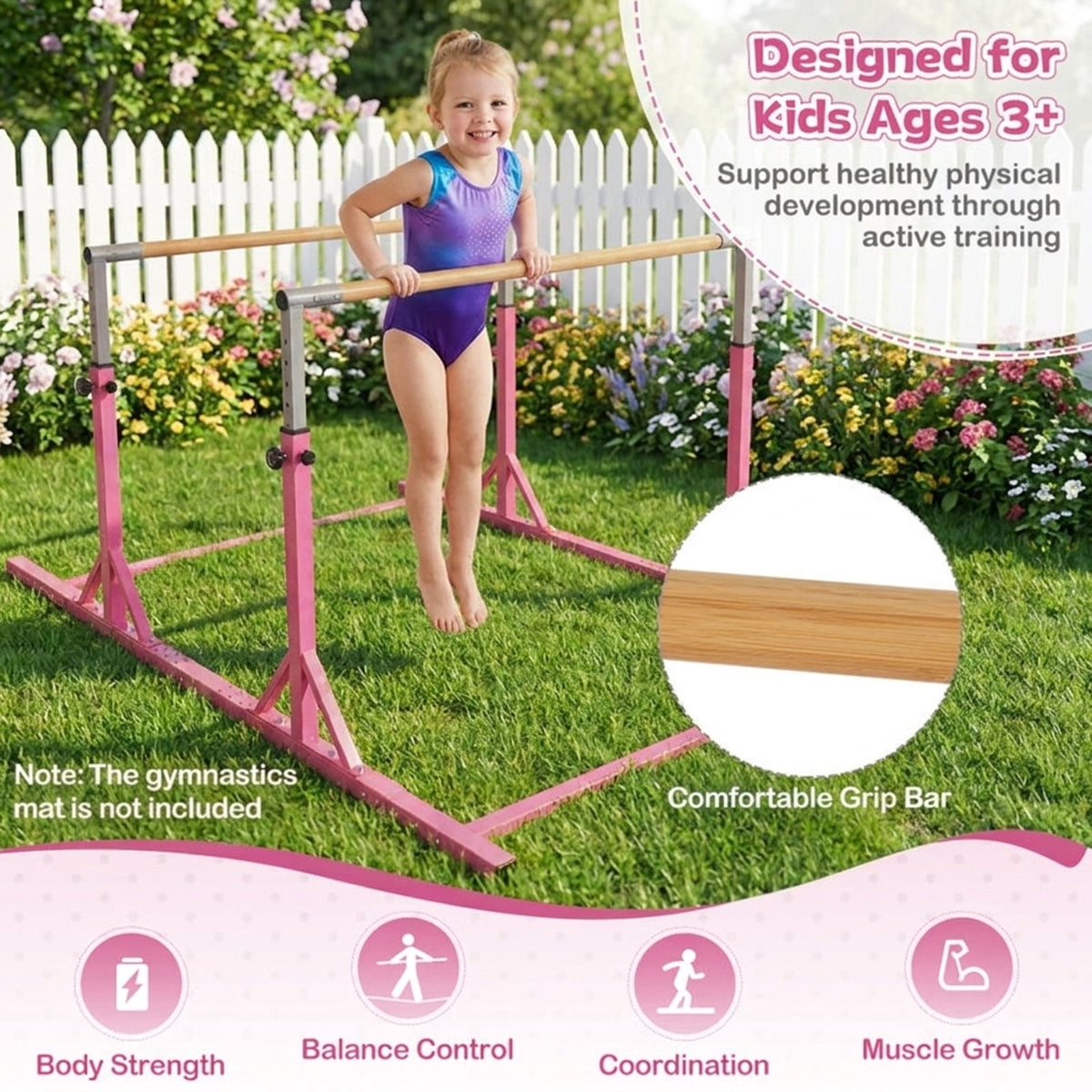 Airfind Adjustable Foldable Gymnastics Bar for Home with Heavy-Duty Steel Frame and Non-Slip Rubber Feet plus Safety Lock Pins for Kids Training, Pink