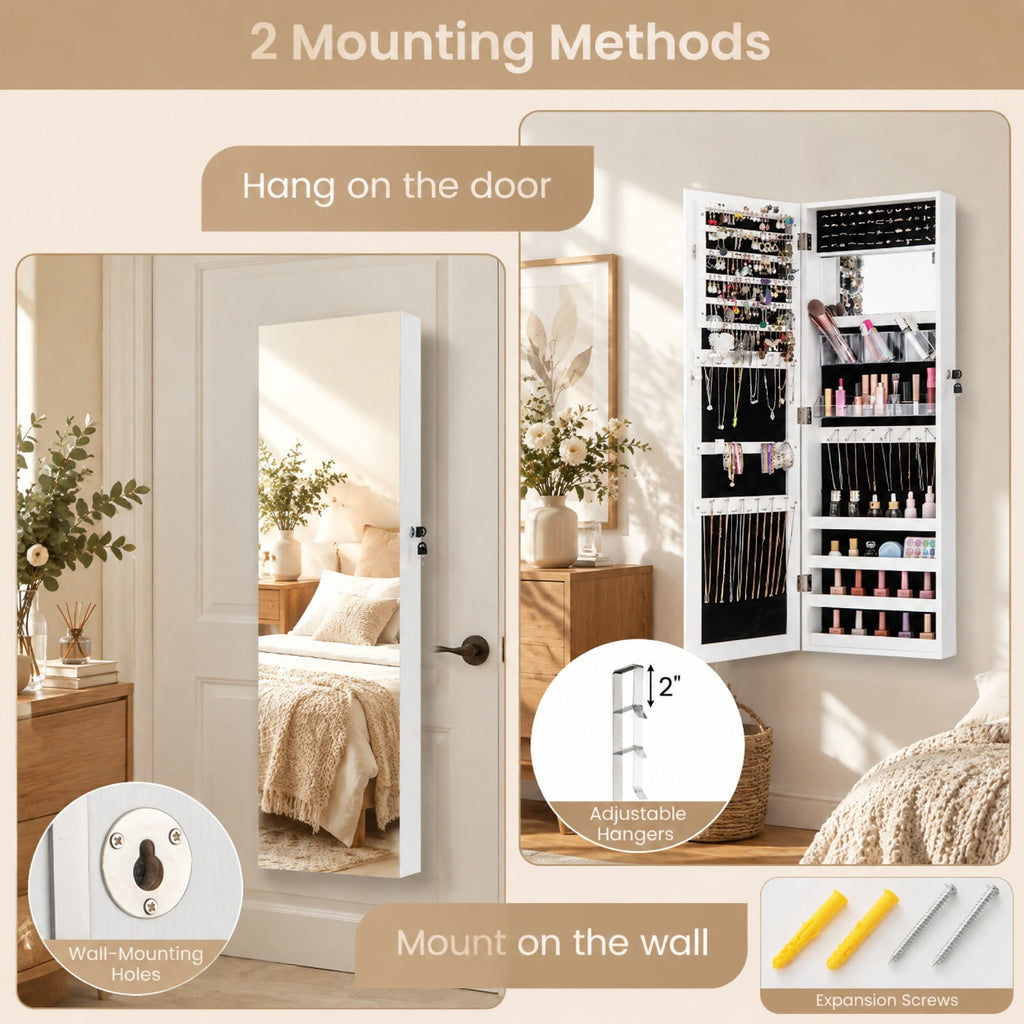 Airfind 43.5 Inch Jewelry Mirror Cabinet with Full-length Mirror and Adjustable Hangers, MDF Frame, White