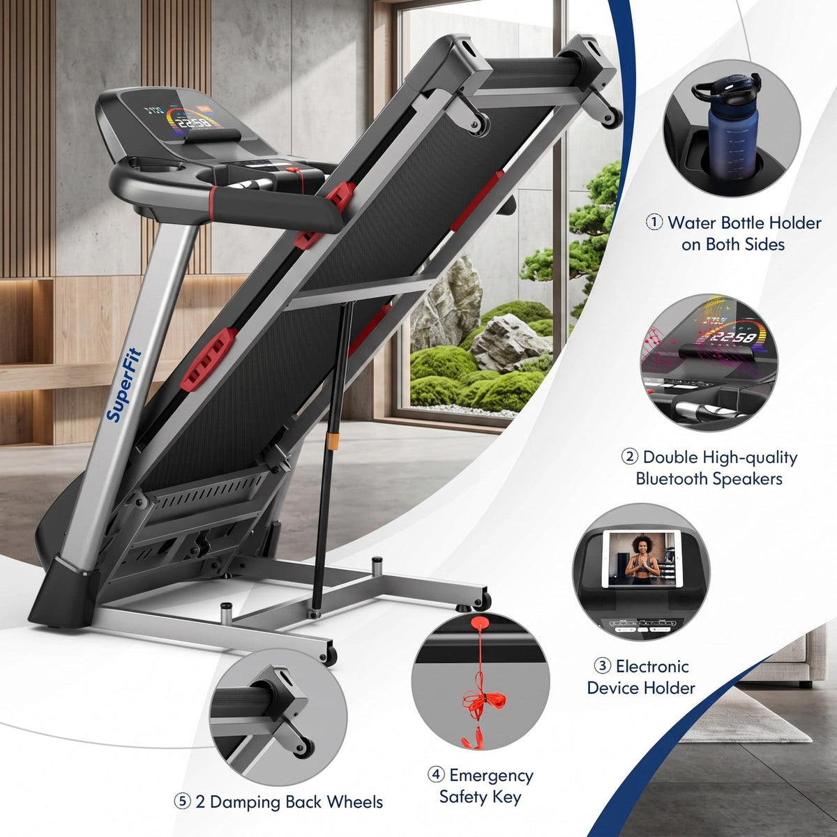 Airfind 4.75 HP Folding Treadmill for Home, Electric Running Machine with Auto Incline, 20 Preset Programs, Bluetooth Speaker and LED Display, 265 lbs Capacity, Black