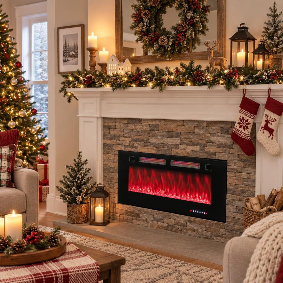 Airfind 42 Inch Ultra-Thin Electric Fireplace with Decorative Crystals and Smart APP Control-42 inch, Steel Tempered Glass 42 Inch: Frame, Black